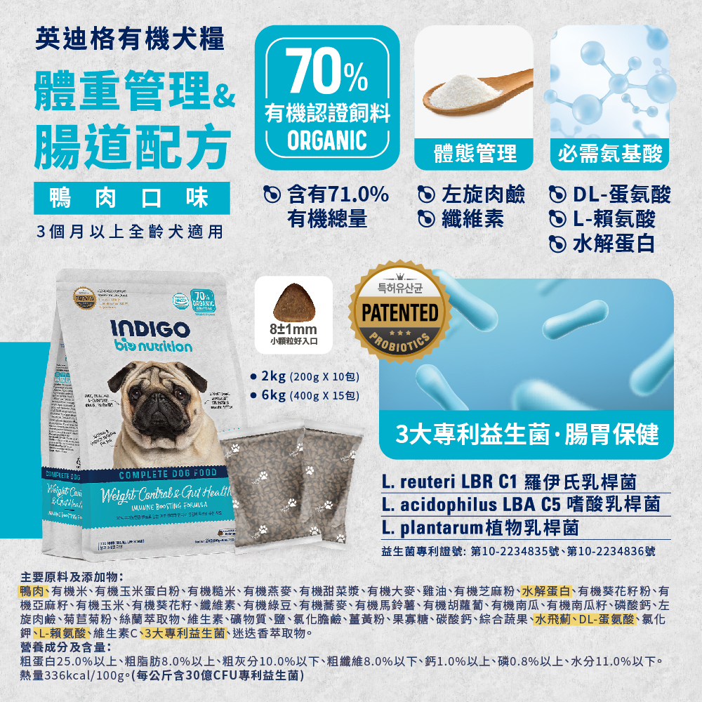 INDIGO 英迪格機能有機飼料 體重管理&腸胃配方 犬用 2KG