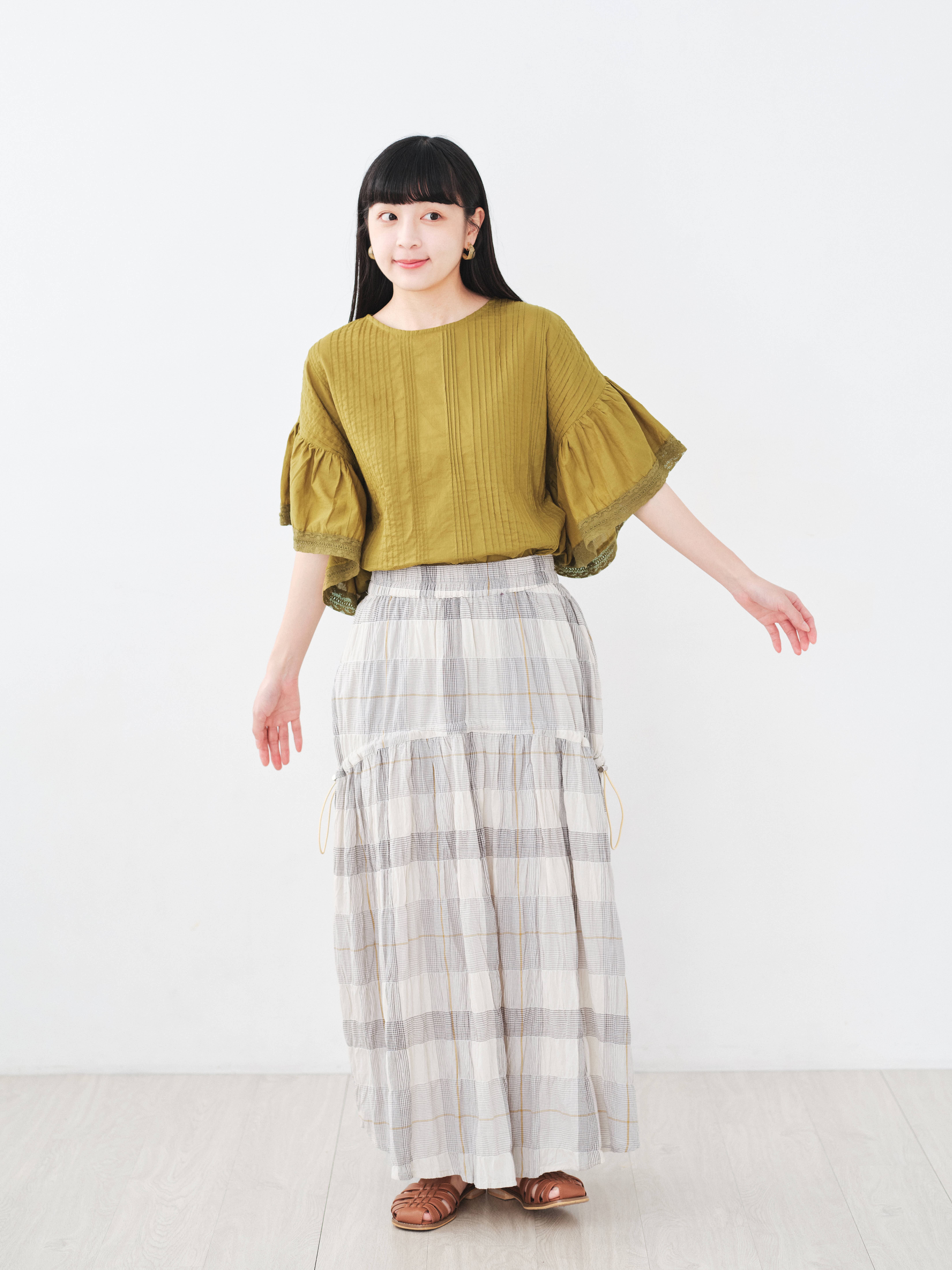 格調慢生活！抽繩格紋半身裙(三色-象牙)