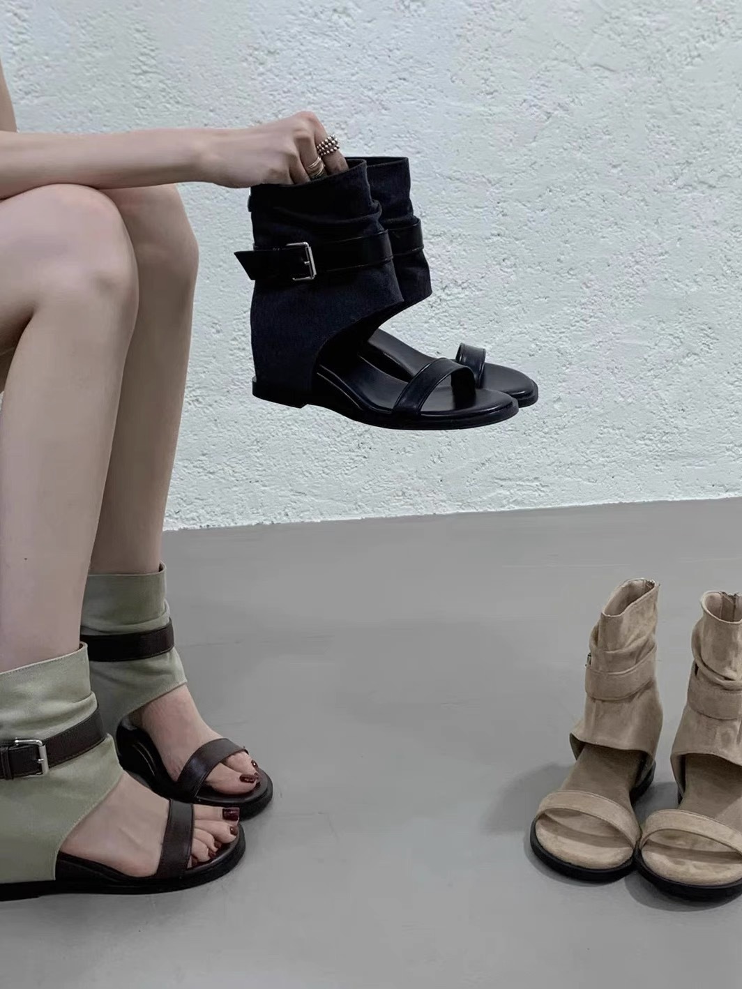 內增高靴筒一字羅馬涼鞋(黑36)