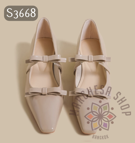 S3668 - 頭層羊漆皮雙蝴蝶結方頭低踭鞋