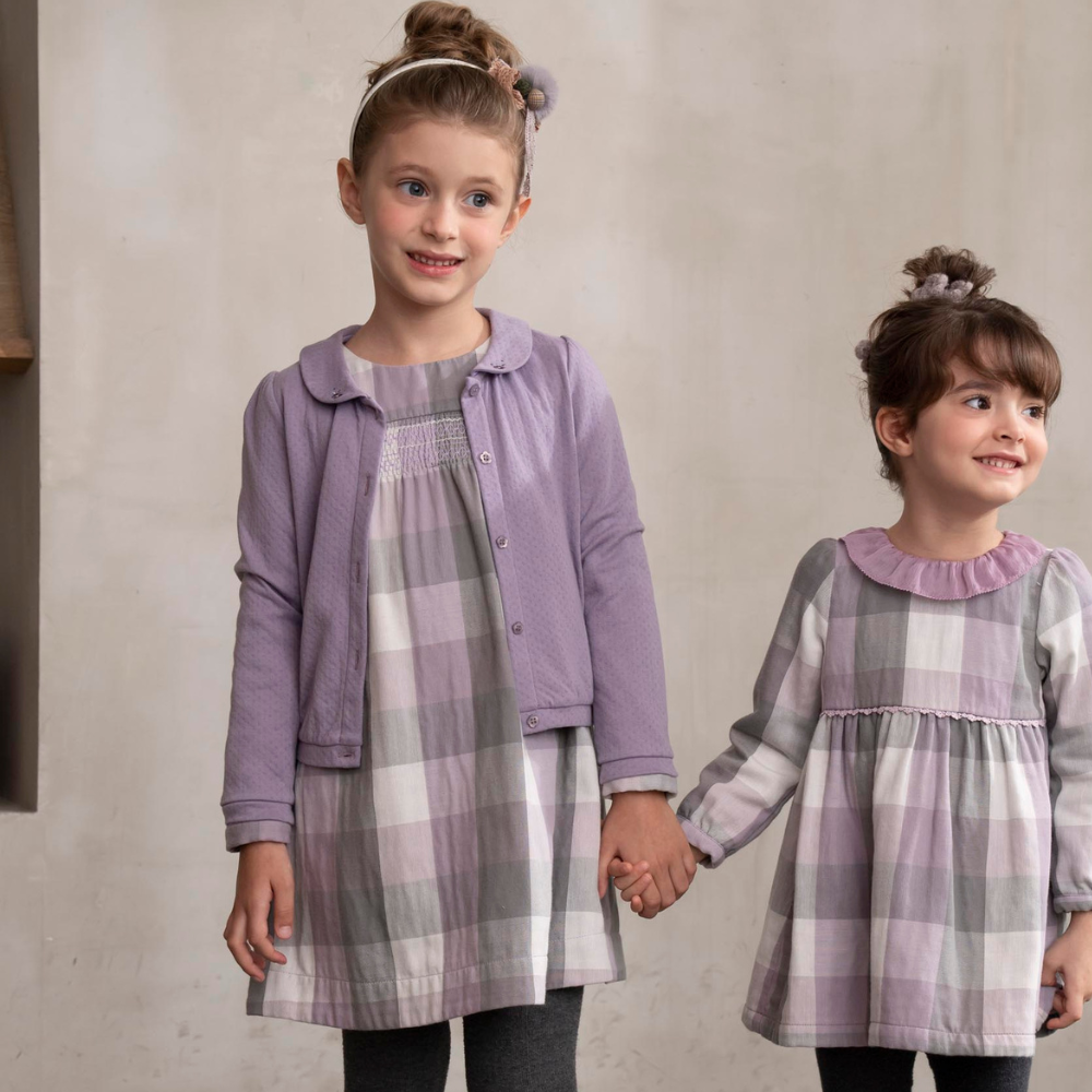 PIPPY 典雅格紋彈性棉圓領連身裙洋裝 紫