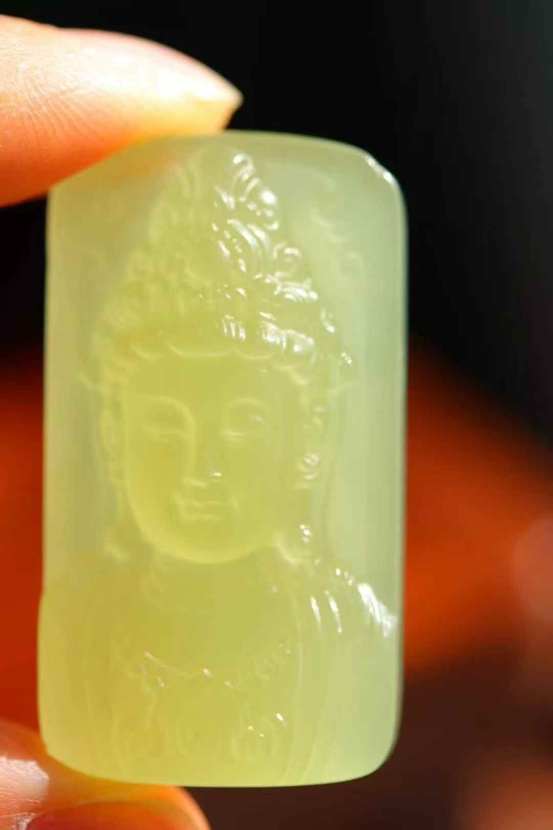 和田玉高冰底黃玉觀音 ,天然和田玉軟玉