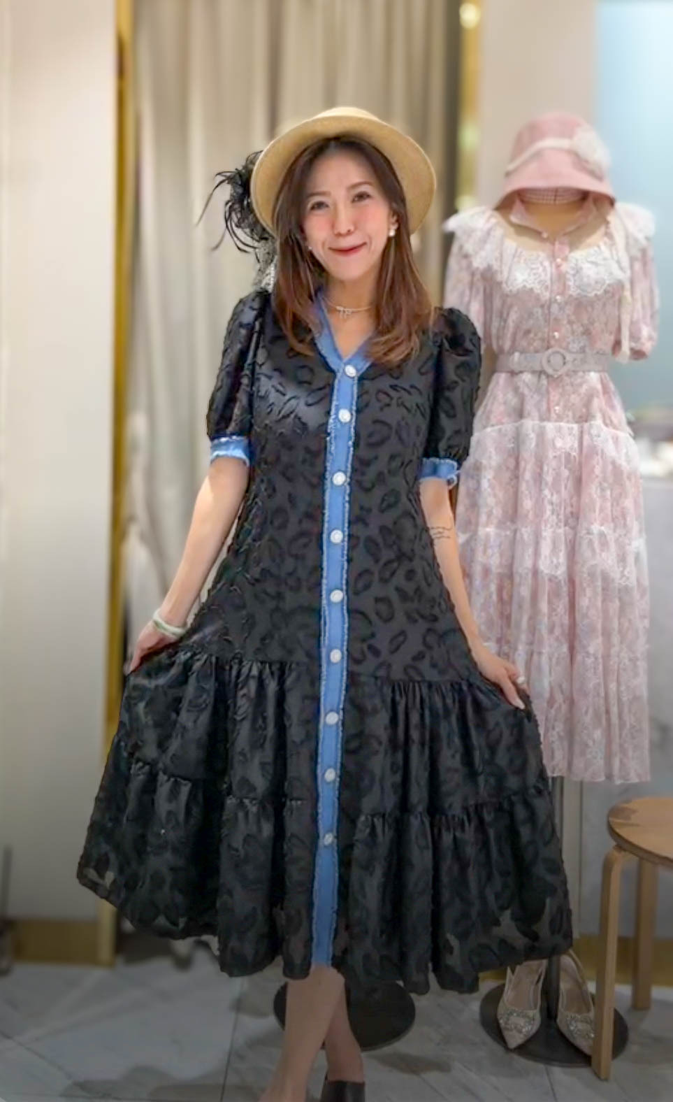 🥰PM_K1347  ▶️拼接牛仔長洋裝 👉B:100cm W:88cm H:112cm L:115cm👈