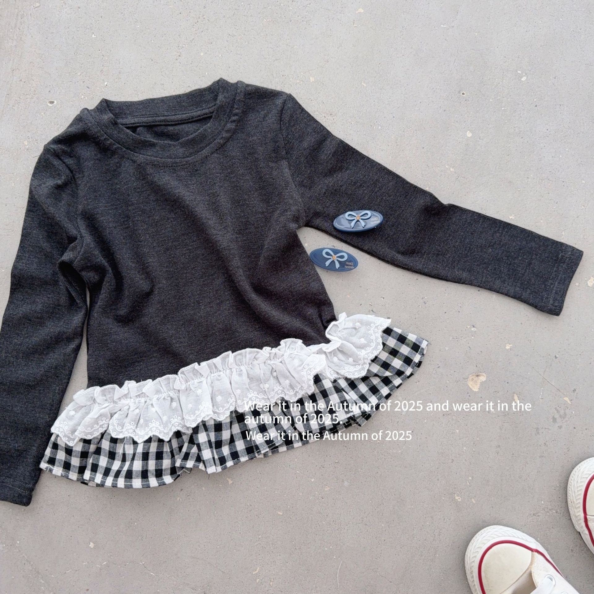 蕾絲格子拼接上衣