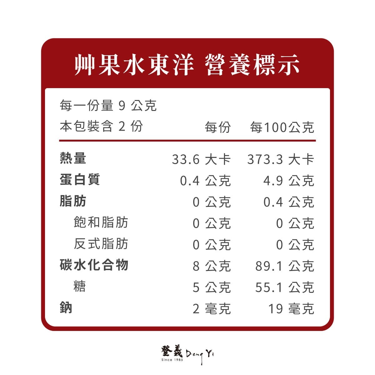 登義東洋果乾水營養標示