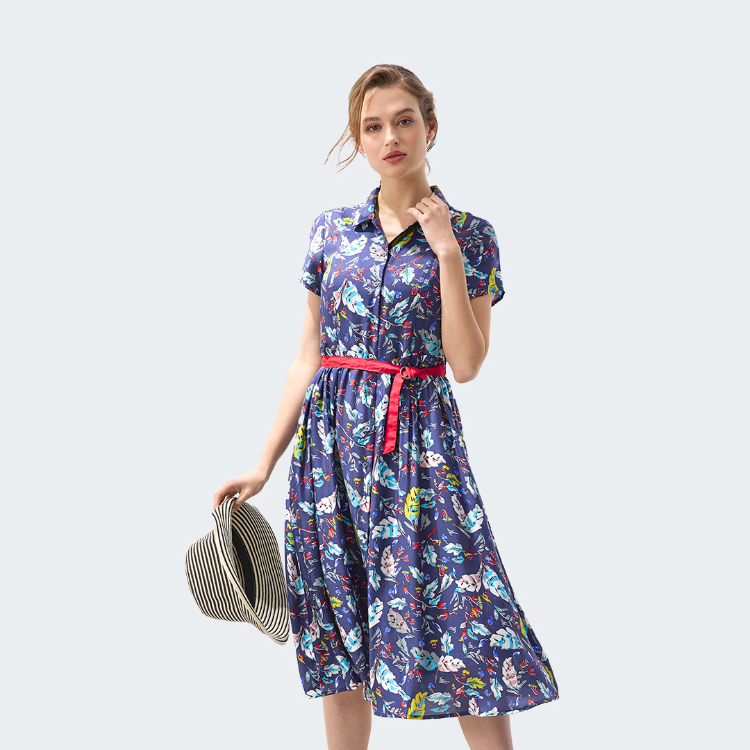 特殊澳洲花紋短袖絲棉長洋裝 附腰帶乙條