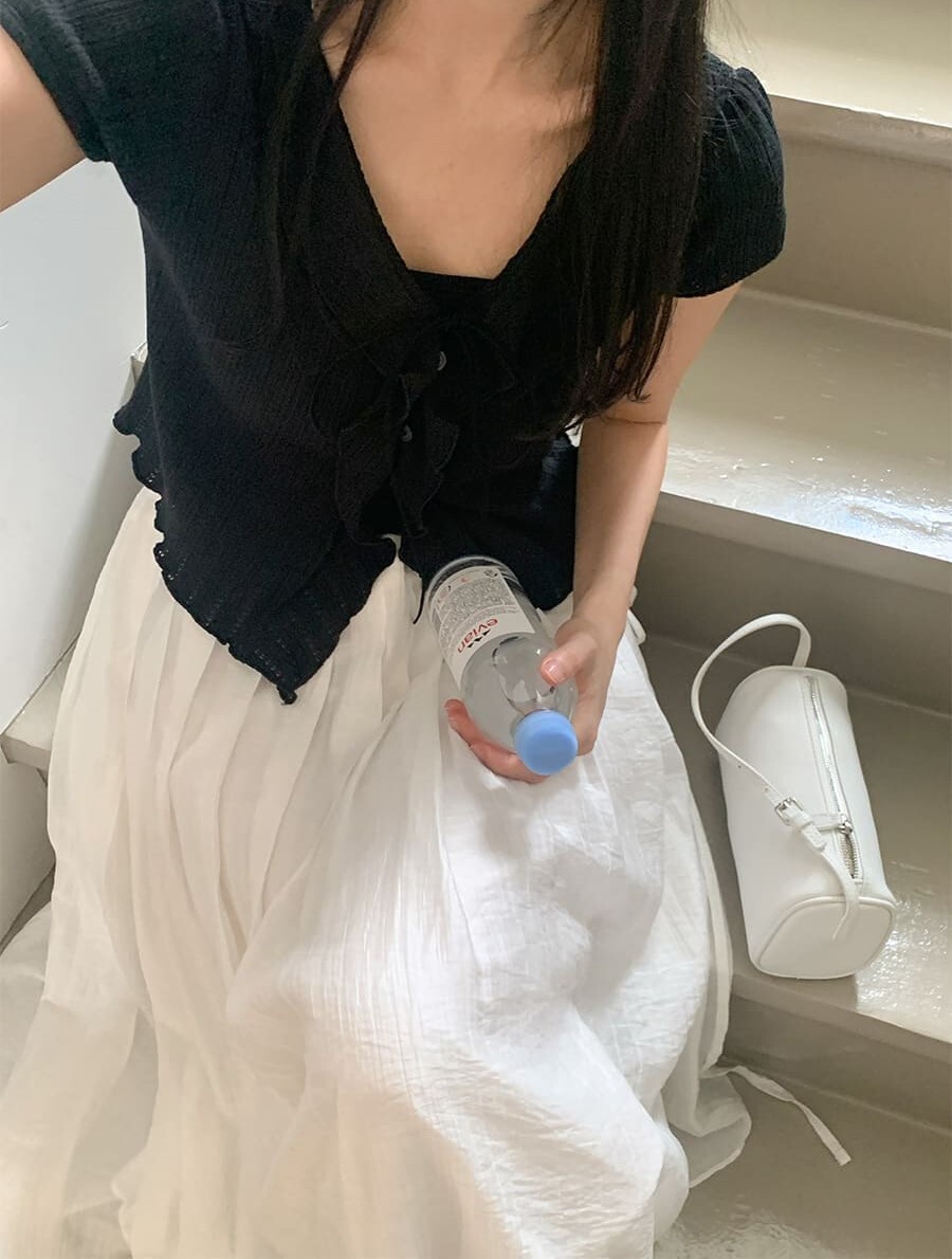 韓國Cherrykoko授權 浪漫純真織孔荷葉針織開襟上衣