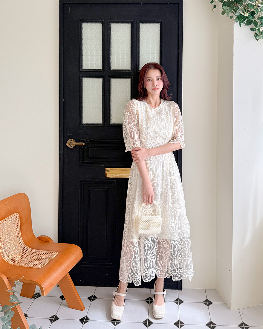 LINA LINA高貴滿載重工刺繡網紗花邊洋裝-優雅杏