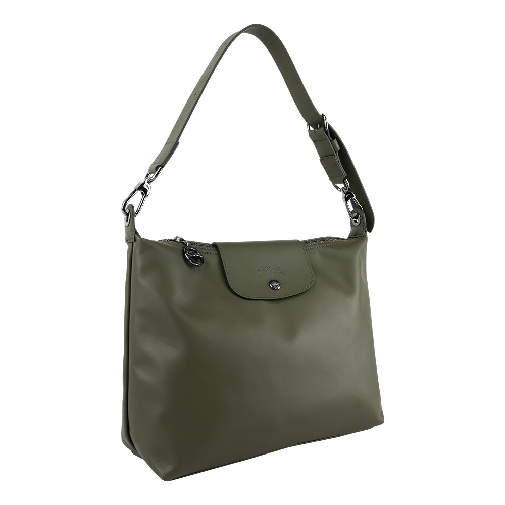 【Longchamp】Le Pliage Xtra Hobo M號小牛皮肩背包(冷杉綠色)