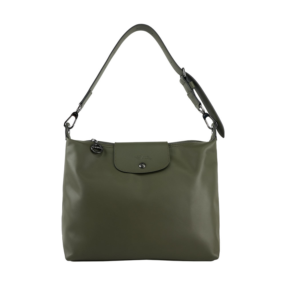 【Longchamp】Le Pliage Xtra Hobo M號小牛皮肩背包(冷杉綠色)