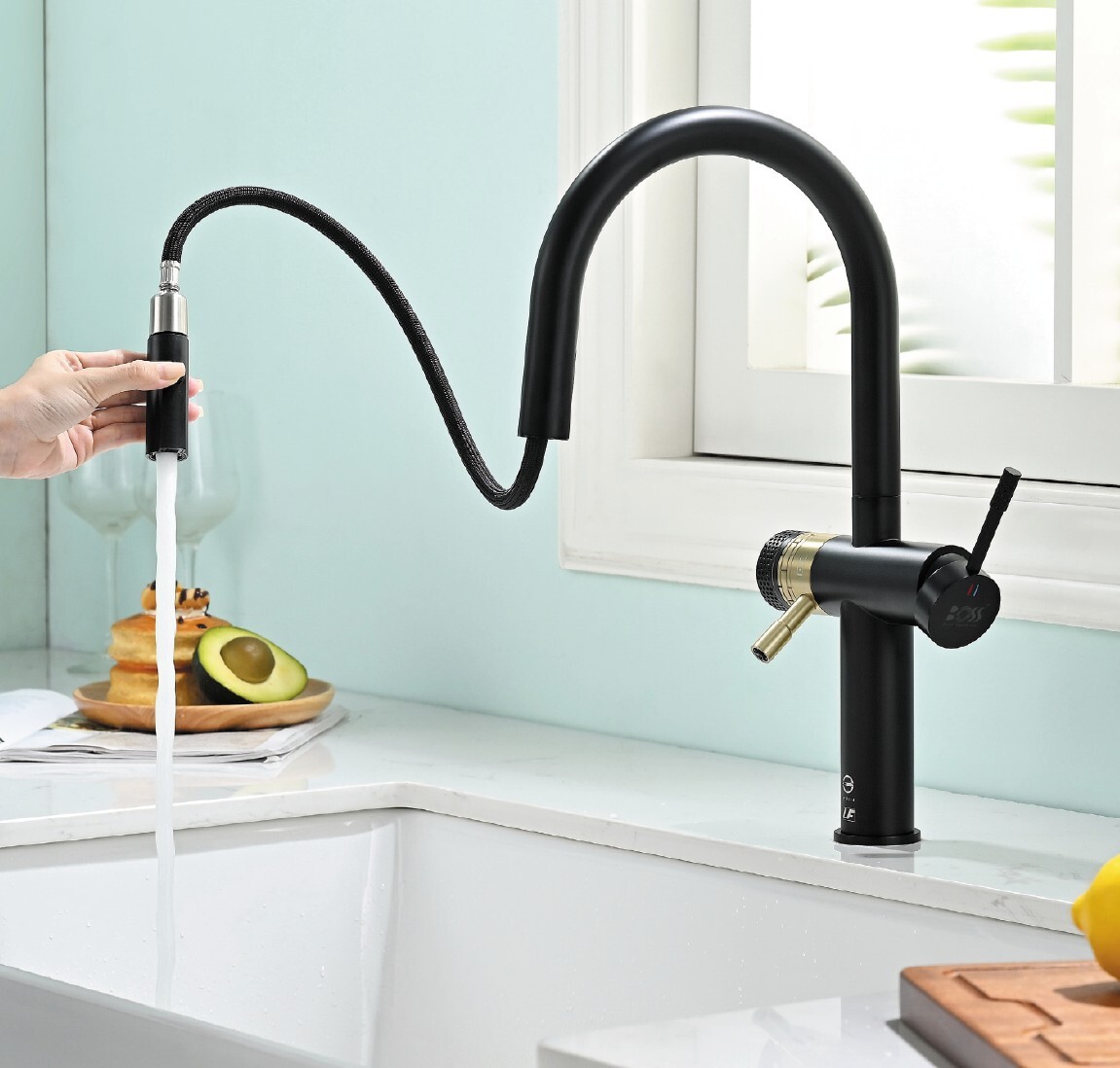 BOSS 不鏽鋼四合一伸縮廚房龍頭 RO龍頭 (消光黑) 222033MBL