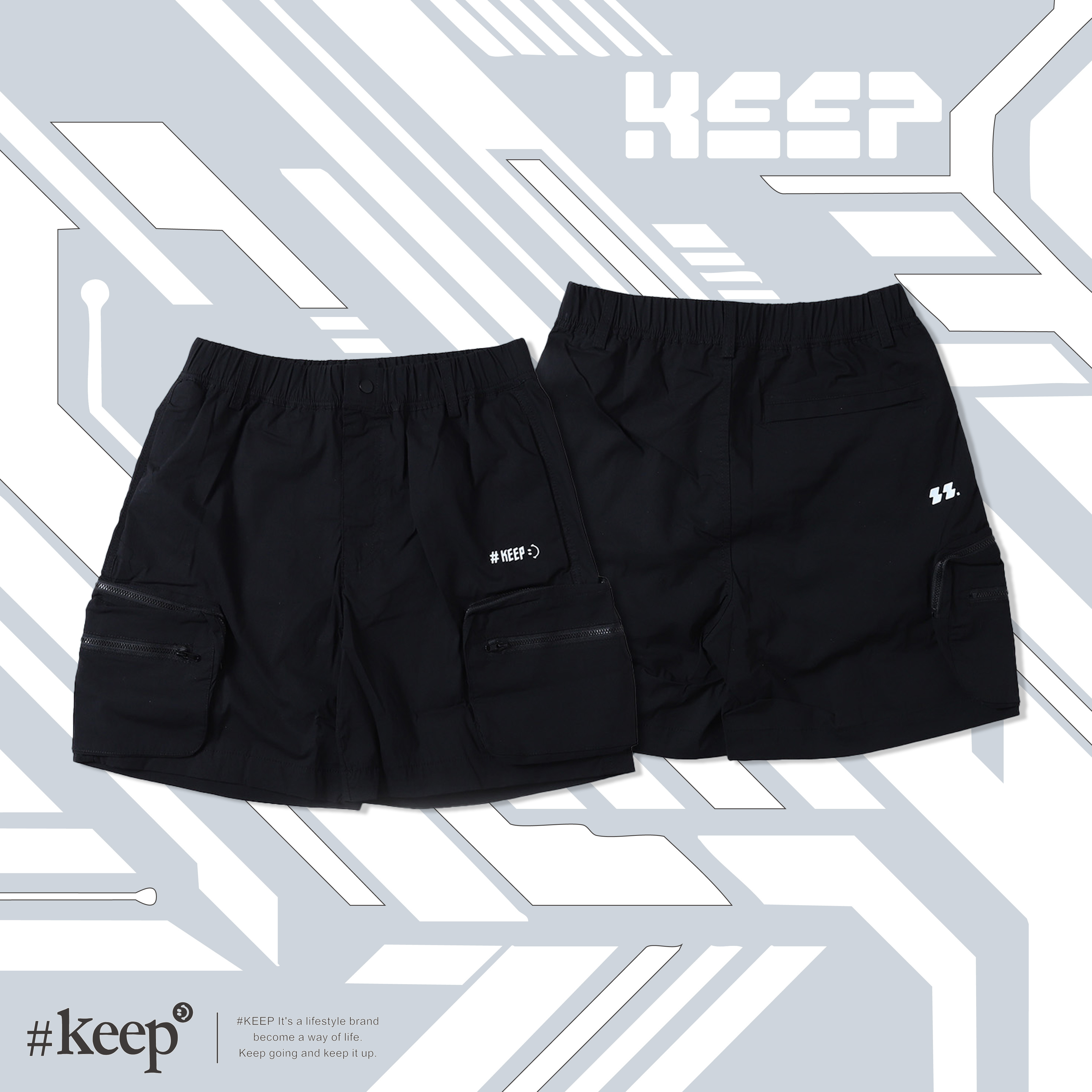 #KEEP FUNCTIONAL POCKET SHORTS 黑色 拉鍊 鬆緊帶 印花 運動 休閒 機能 口袋短褲【KS310】