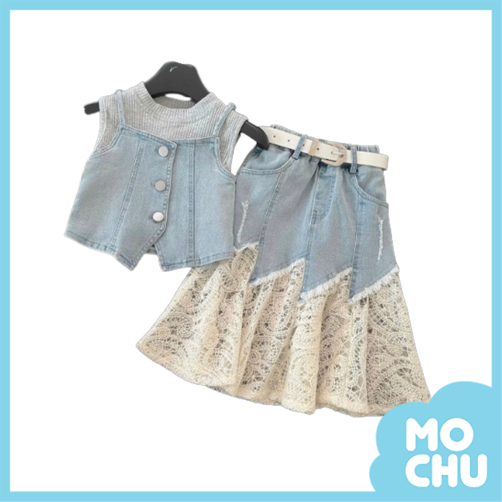 蕾絲拼接牛仔三件式套裝