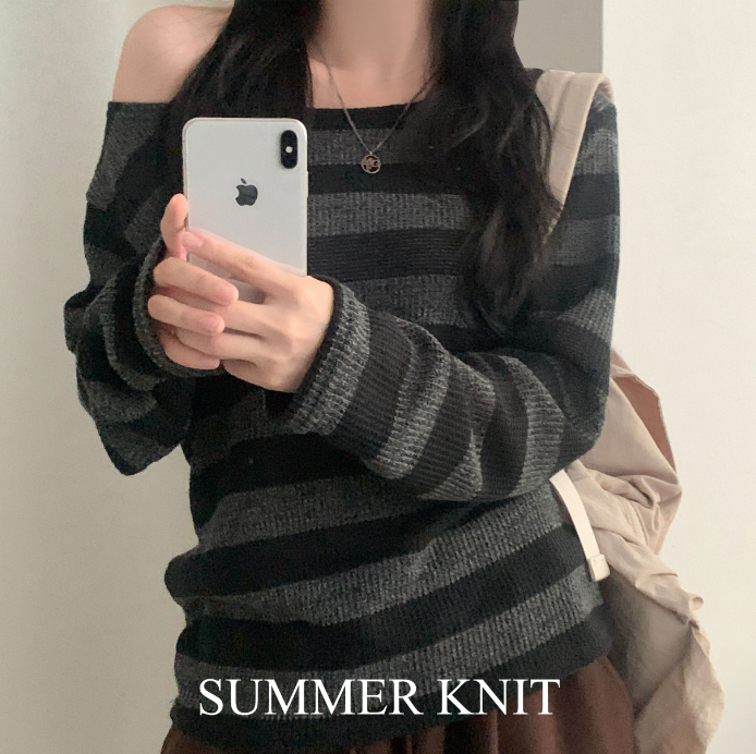 夏季預訂｜寬鬆條紋露肩針織上衣