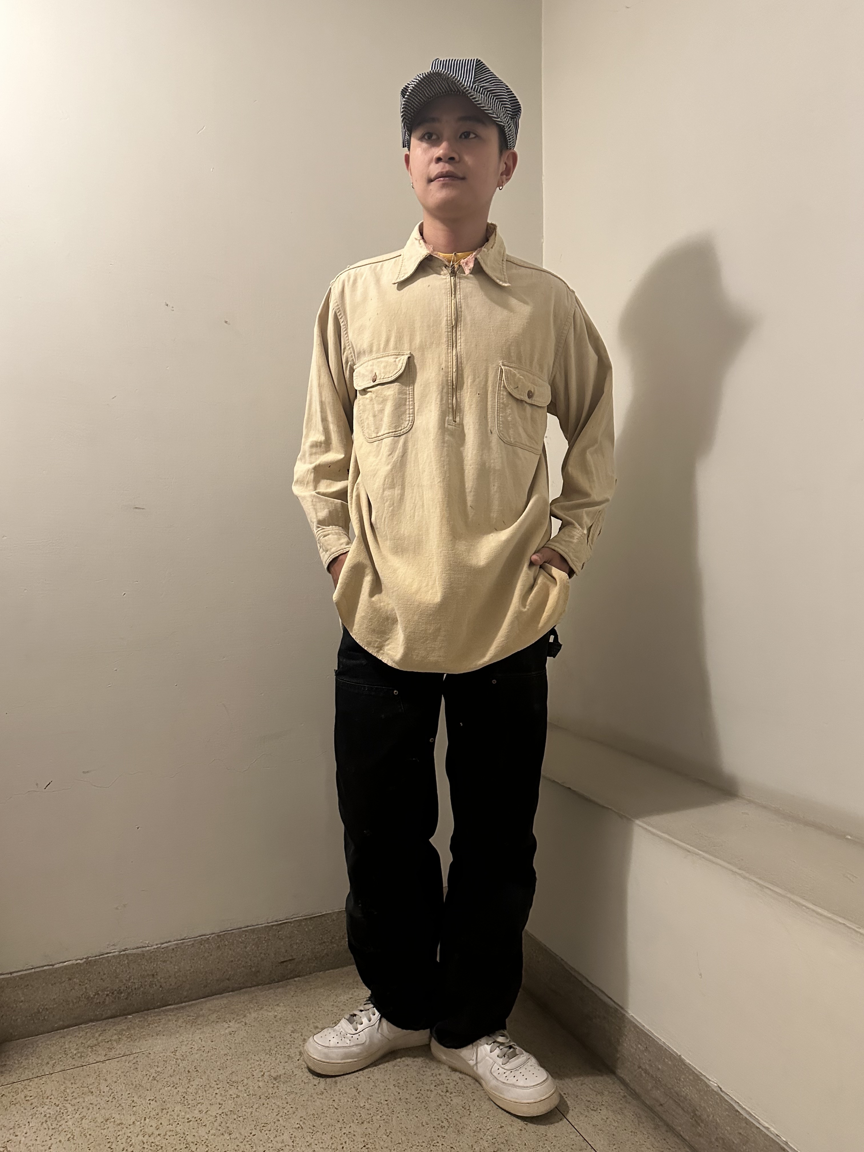 40’s PILGRIM Cotton Moleskin Half Zip Work Shirt"Chinstrap "Gusset "Kuverzip (BORO)