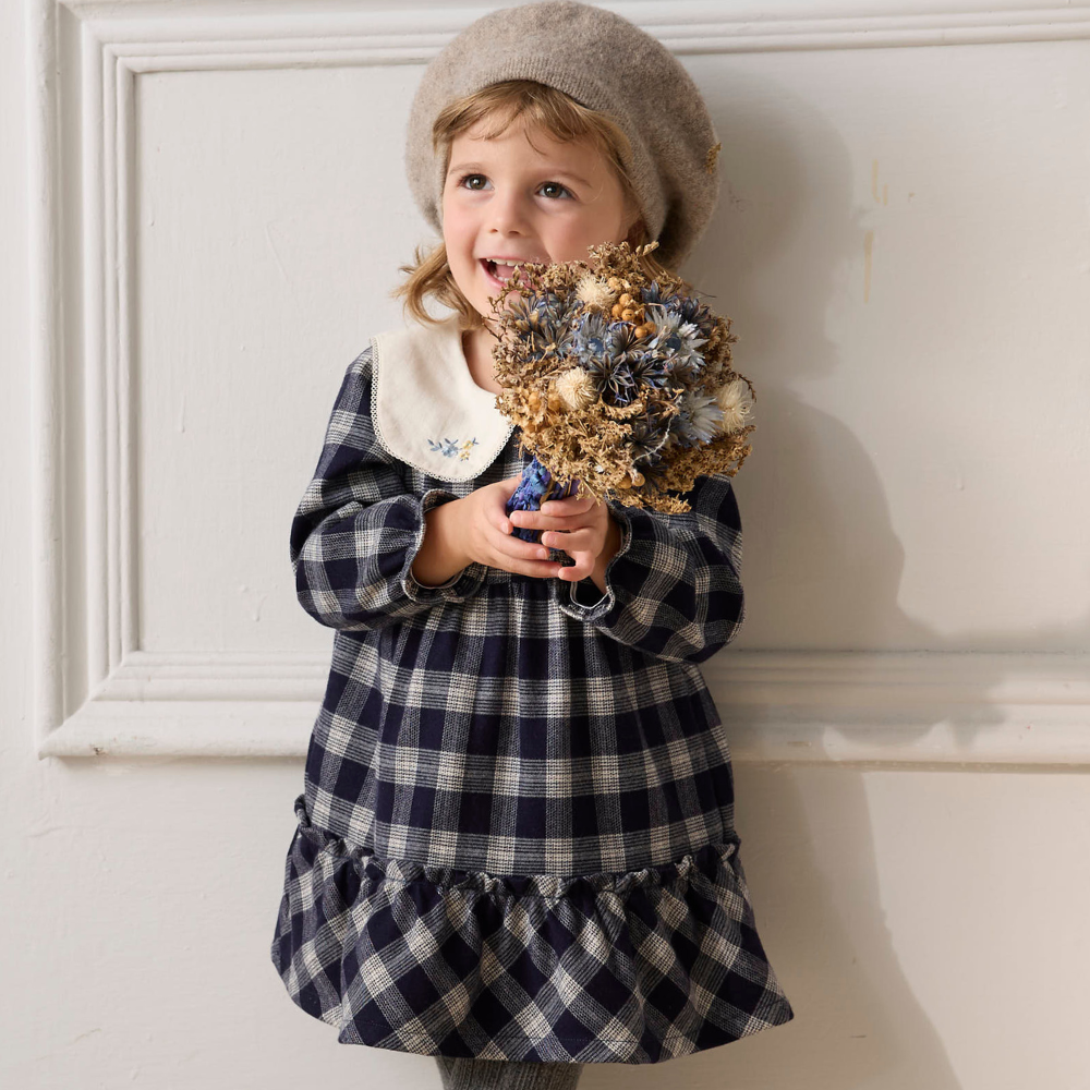 PIPPY優雅格紋海軍領棉質連身裙洋裝 藍