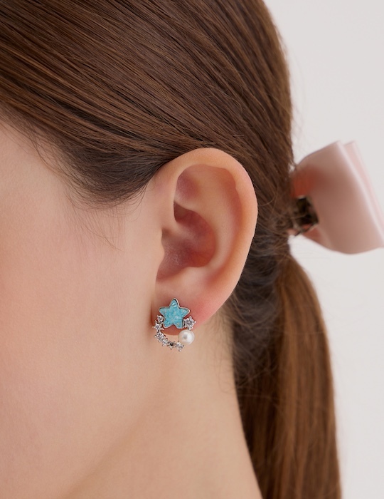 海星珍珠光環。銀針耳環