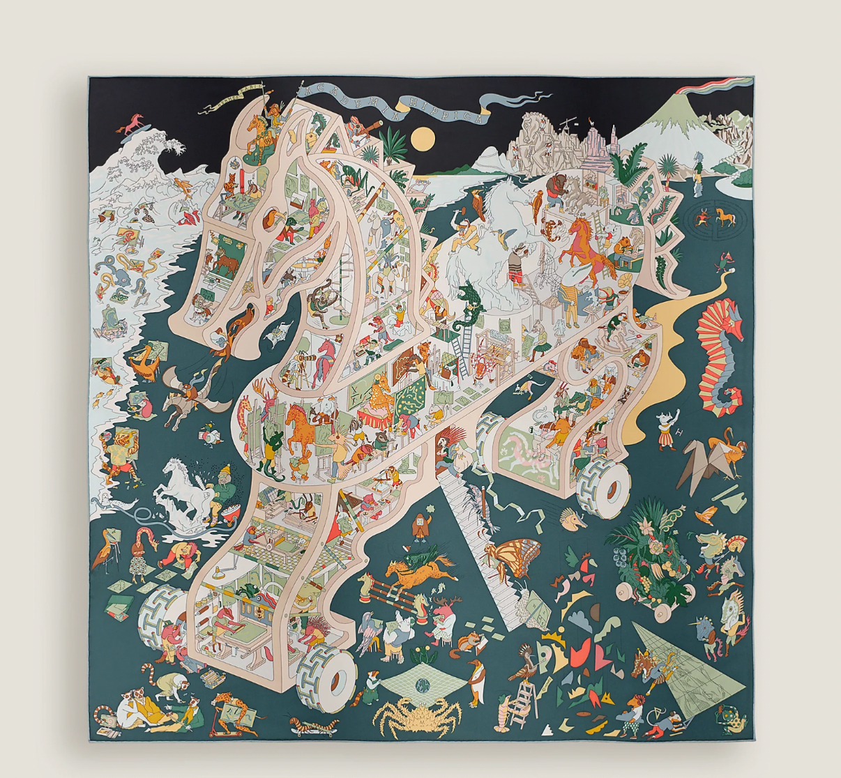 Hermes Academia Hippica scarf 90 Noir / Ardoise / Rose Poudre 黑色 / 石板灰 / 玫瑰色 粉杏色