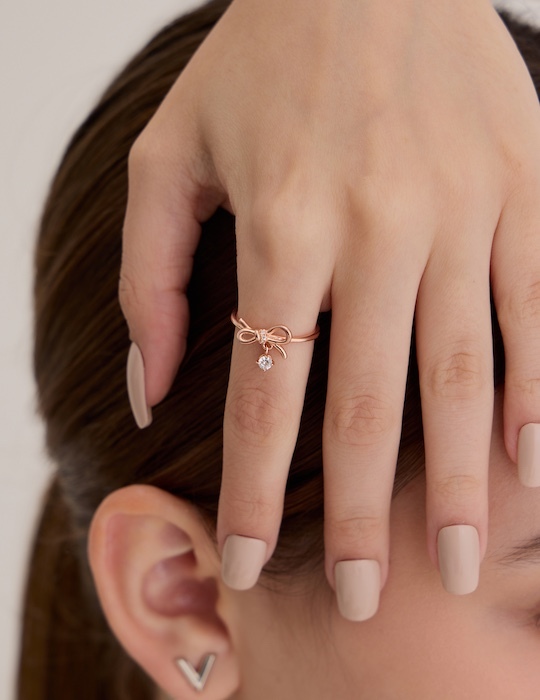 【925純銀】蝴蝶結垂鑽可調式戒指(玫瑰金)
