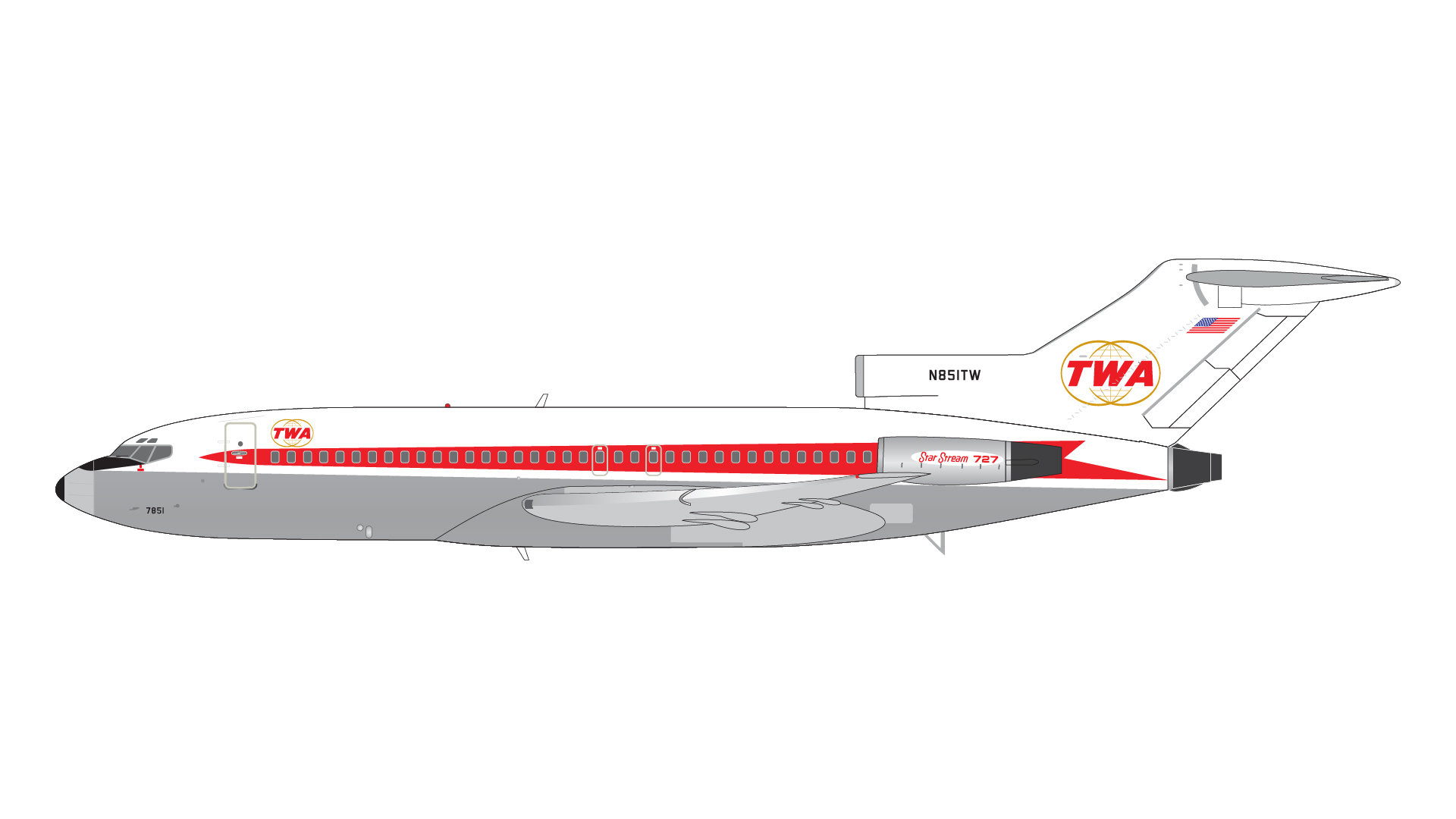 預訂:(訂金$300) (預訂價$945) : 1/200 Gemini Jet B727-100 Trans World Airlines N851TW "Star Stream" livery, upgraded stand (G2TWA946)