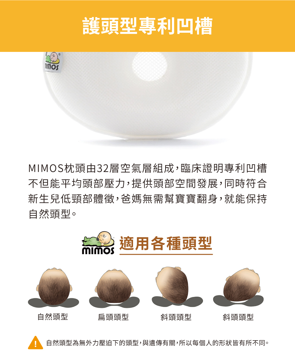 MIMOS護頭型嬰兒枕專利凹槽,平均分散壓力,適用各種嬰兒頭型