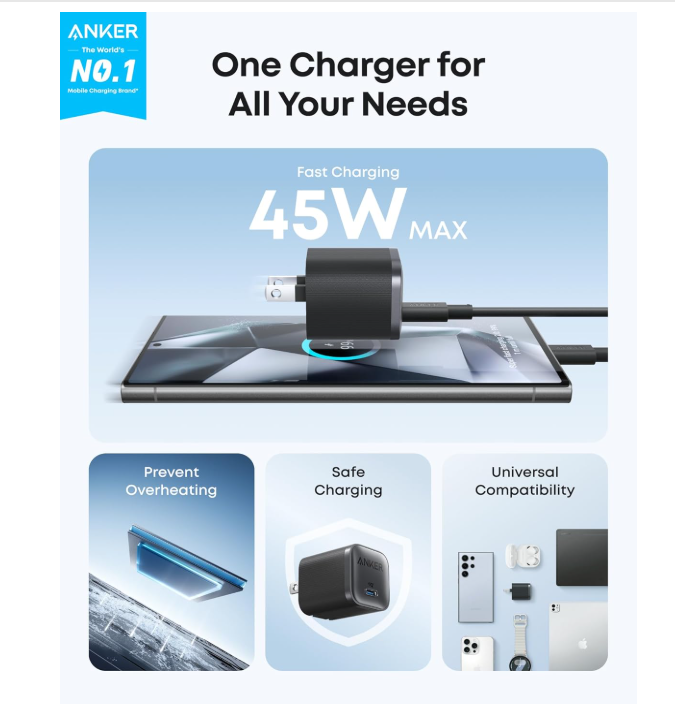 Anker Nano 45W Type C 可折疊插頭 - A2692