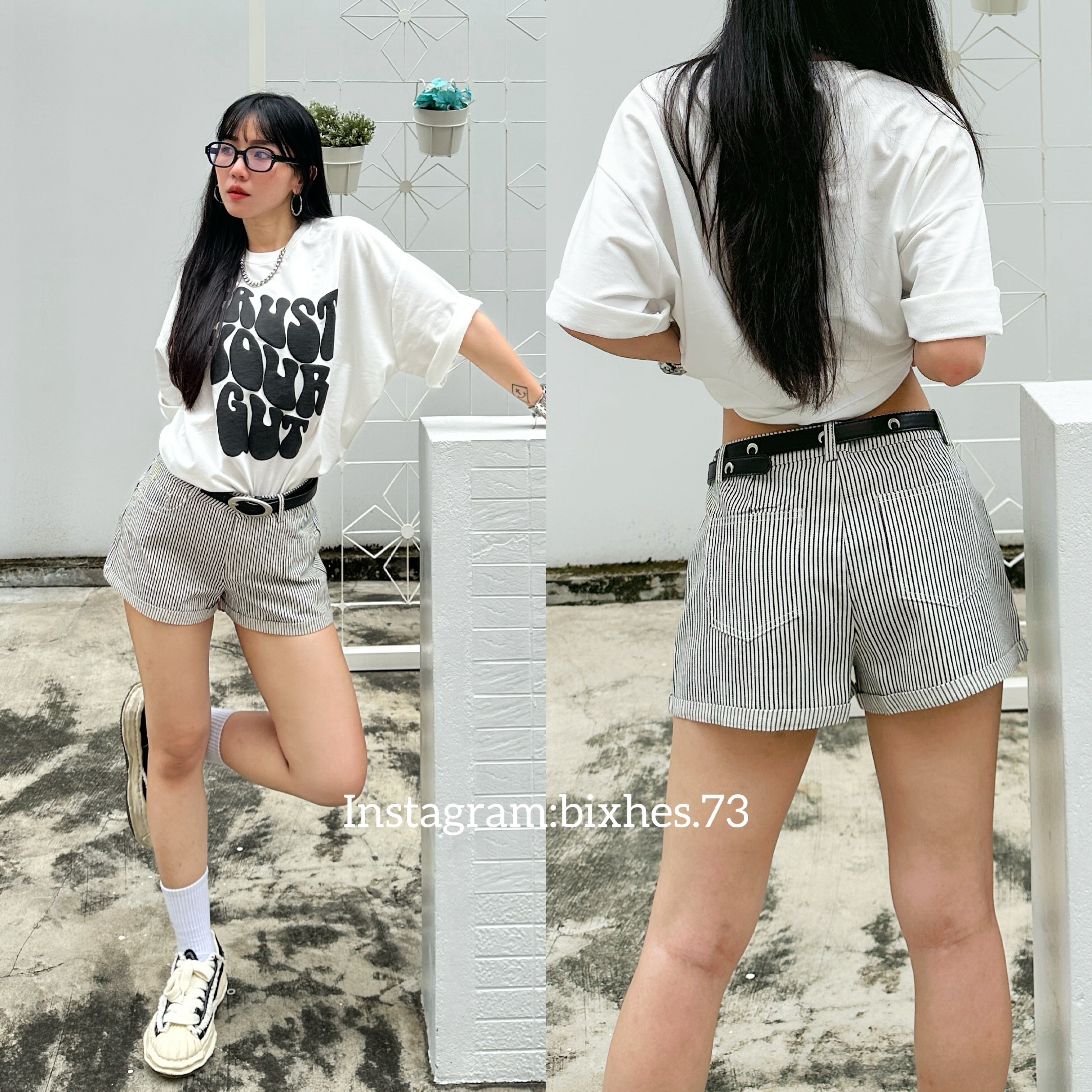 質感條紋白底短褲(E00025)