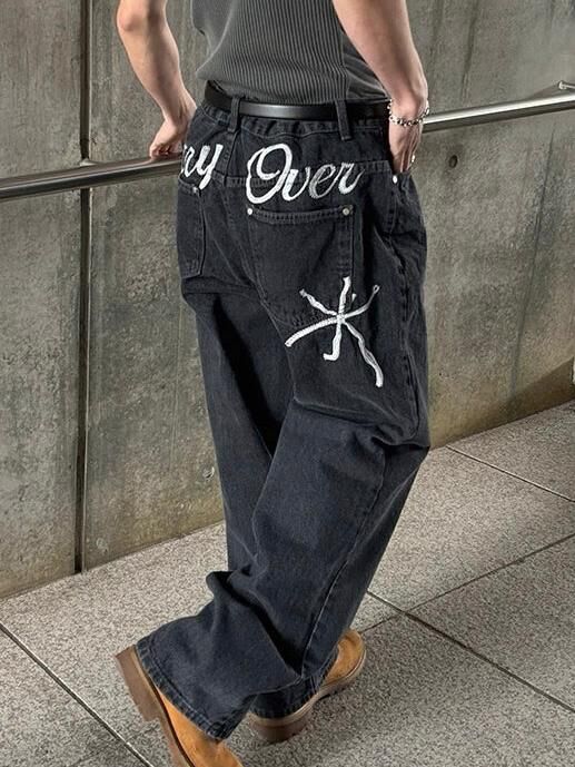 英文字鬆身牛仔褲 P3149
