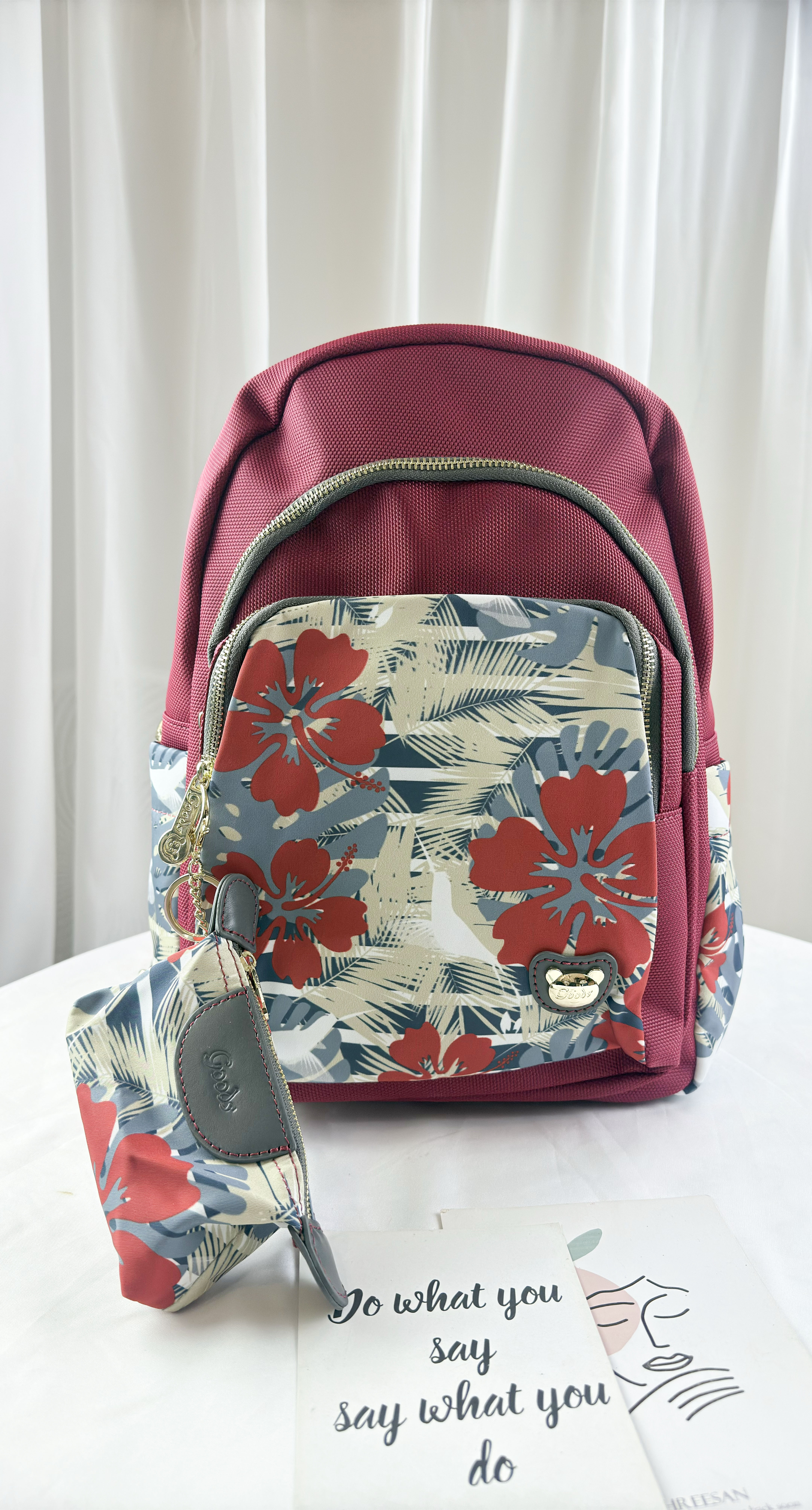 GOODS  紅花朵拼色防潑水後背包 附零錢包 #2847