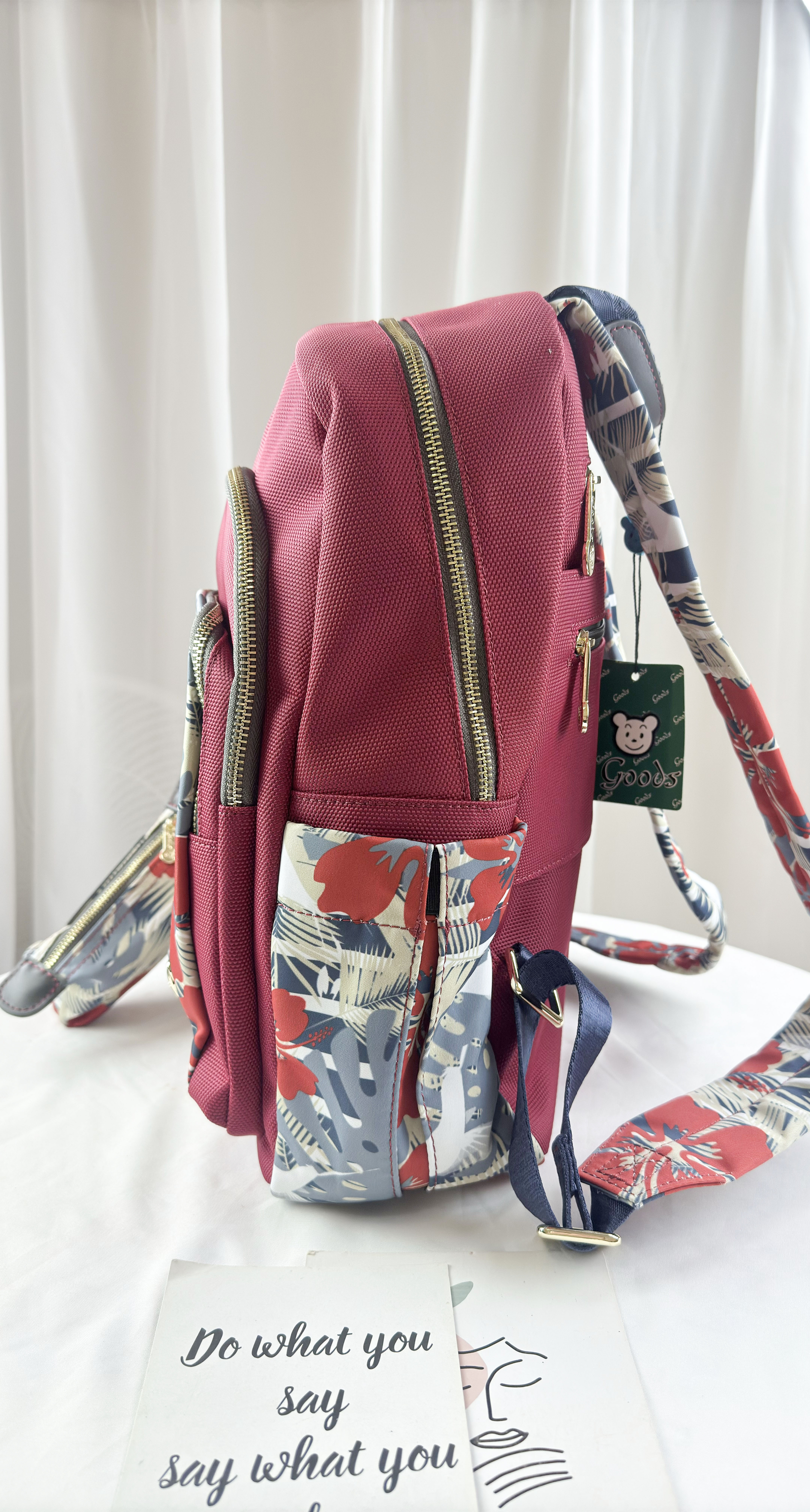 GOODS  紅花朵拼色防潑水後背包 附零錢包 #2847