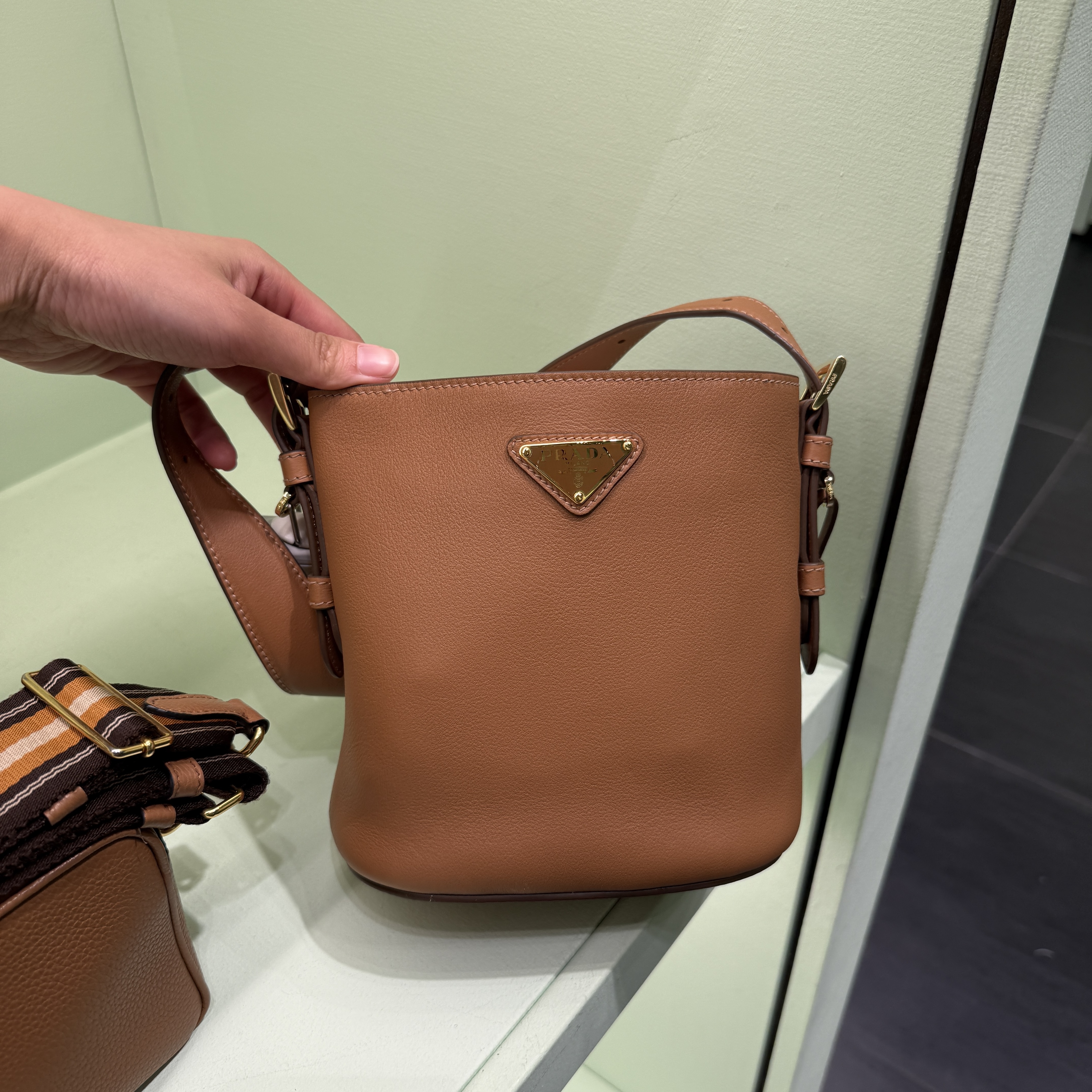 Prada Small Leather bucket Bag Caramel 1BE079