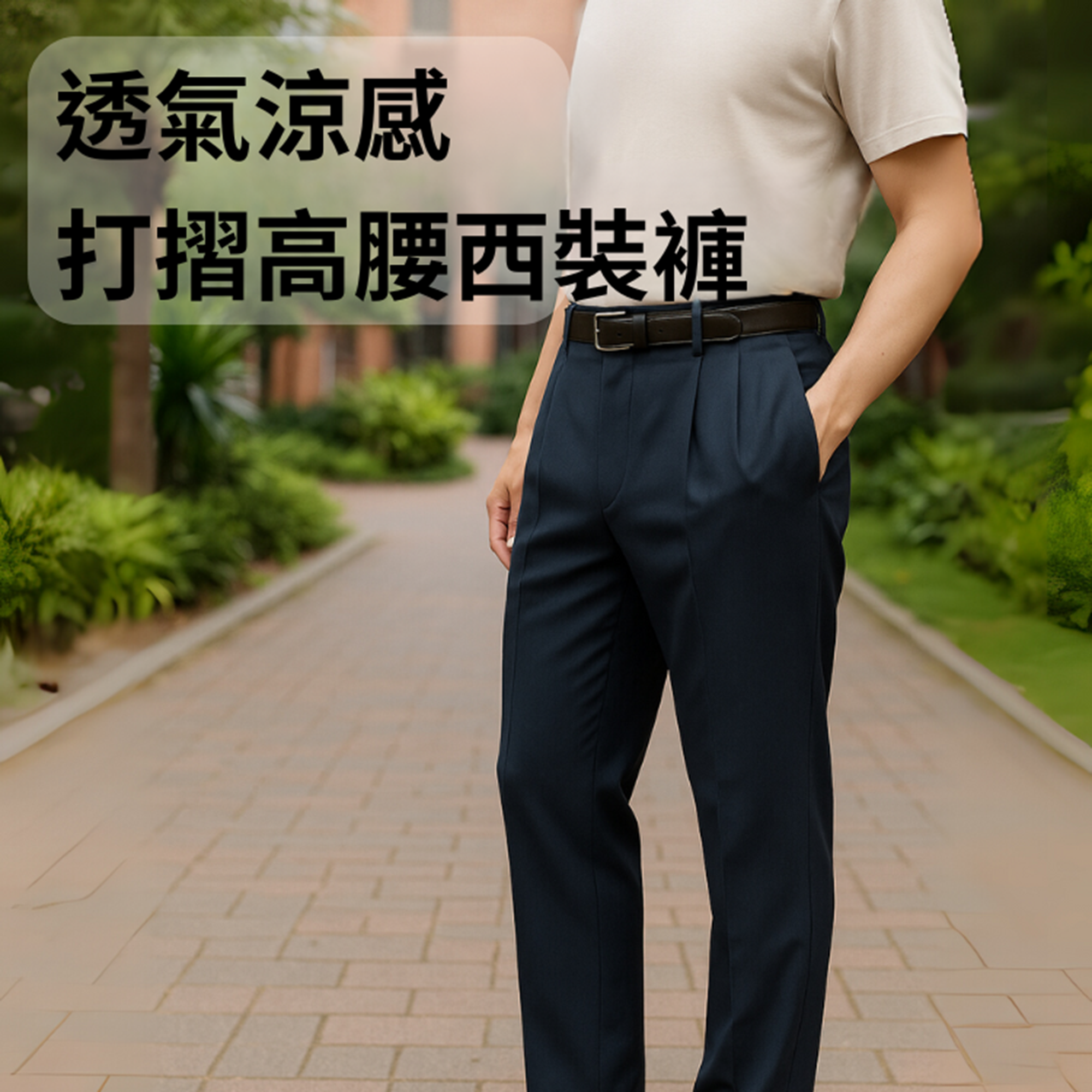 透氣涼感打摺高腰西裝褲