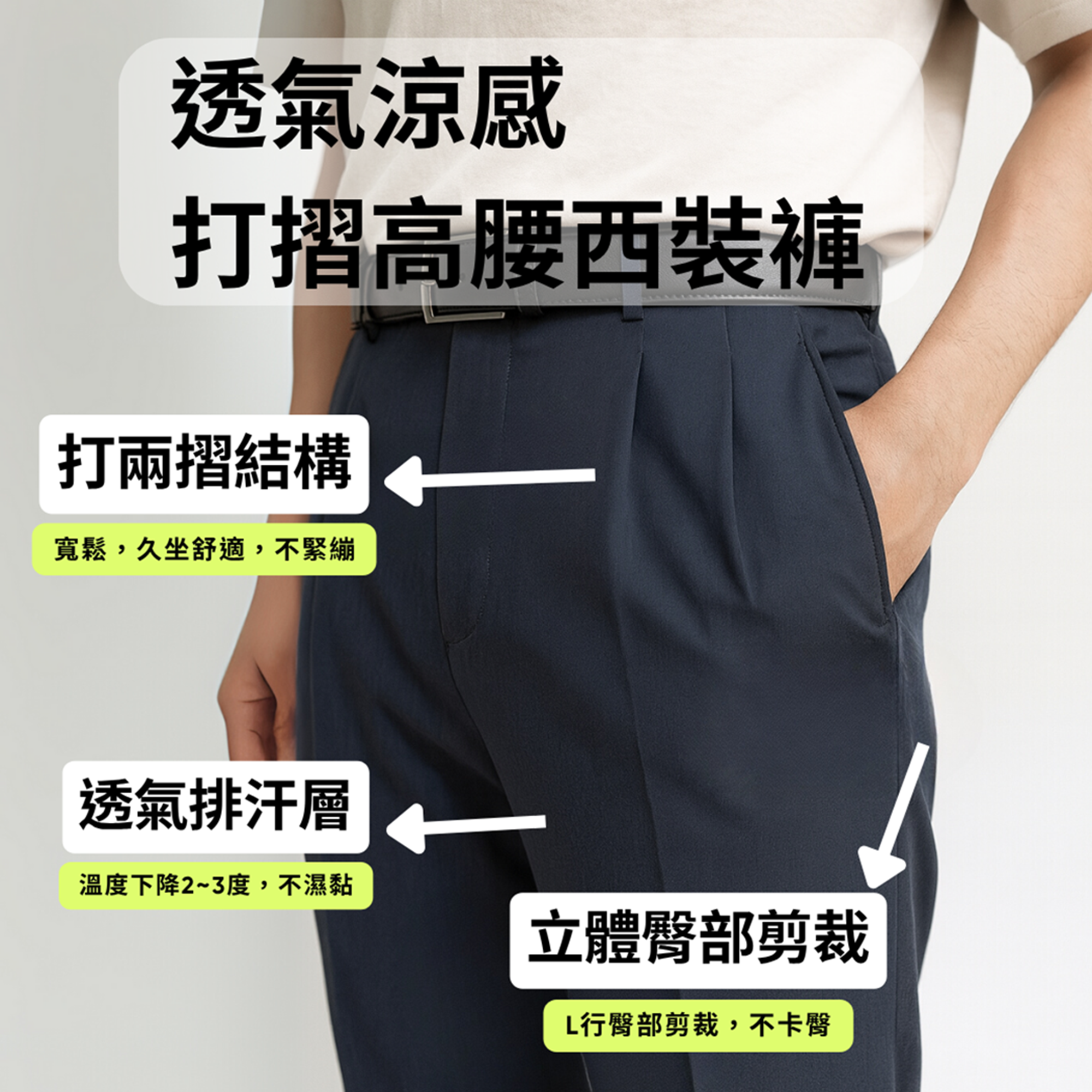 透氣涼感打摺高腰西裝褲_功能圖