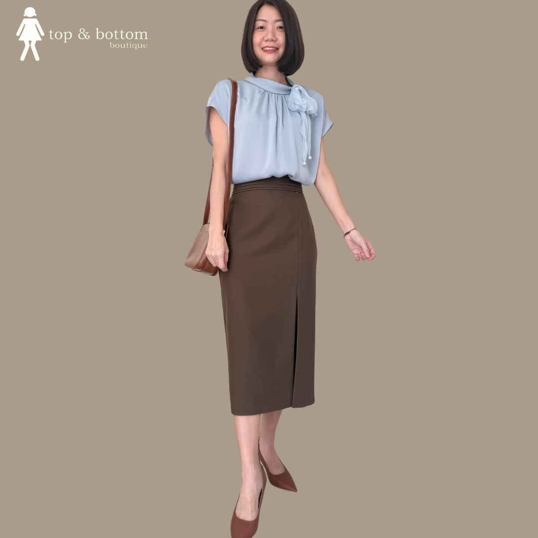 PLEAT WAISTED LONG PENCIL SKIRT WITH SLIT FRONT