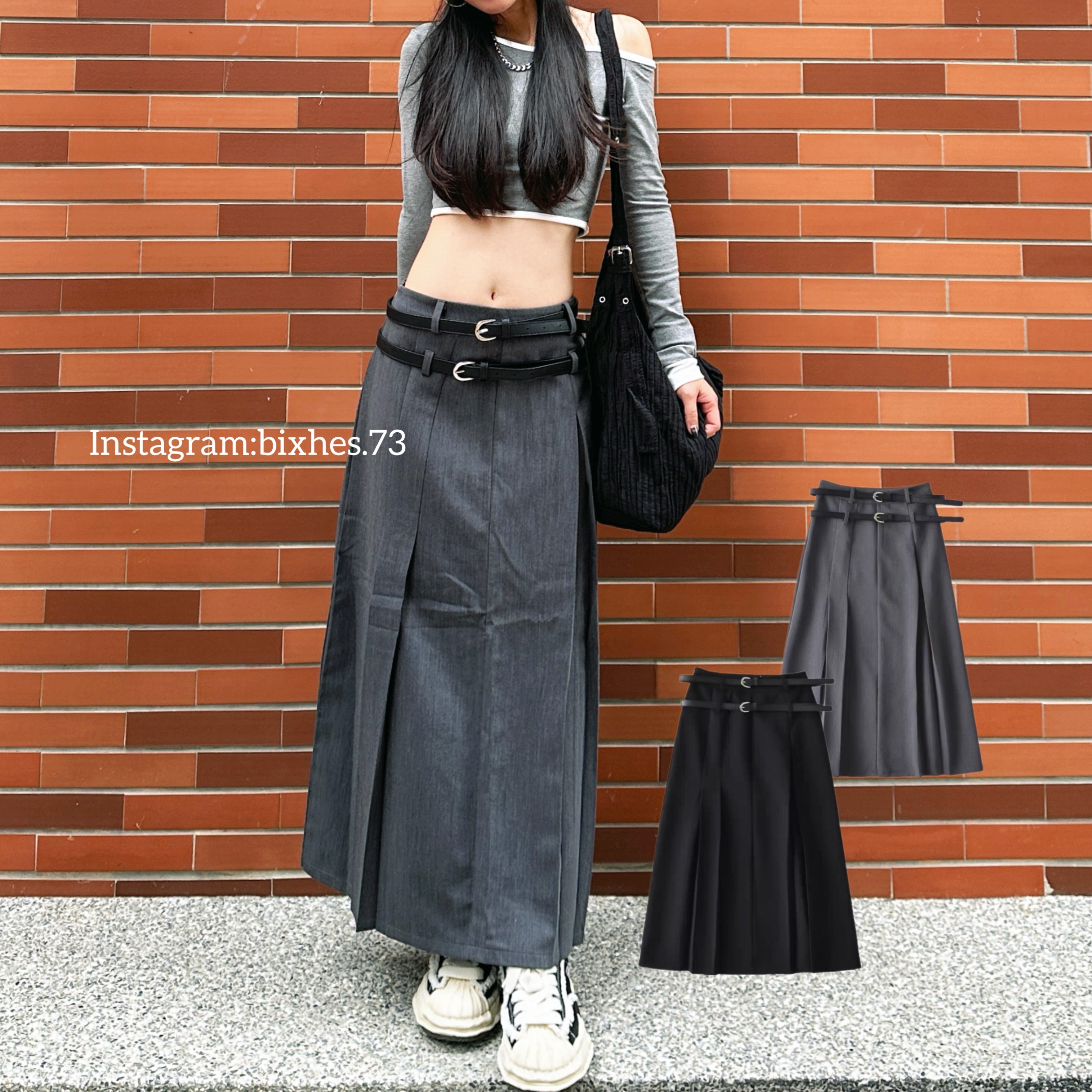 雙腰帶西裝百褶長裙(D00013)