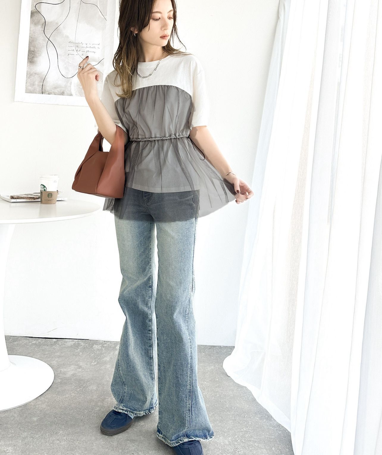 【預購】JN080210 classicalelf 薄紗對接抽繩上衣