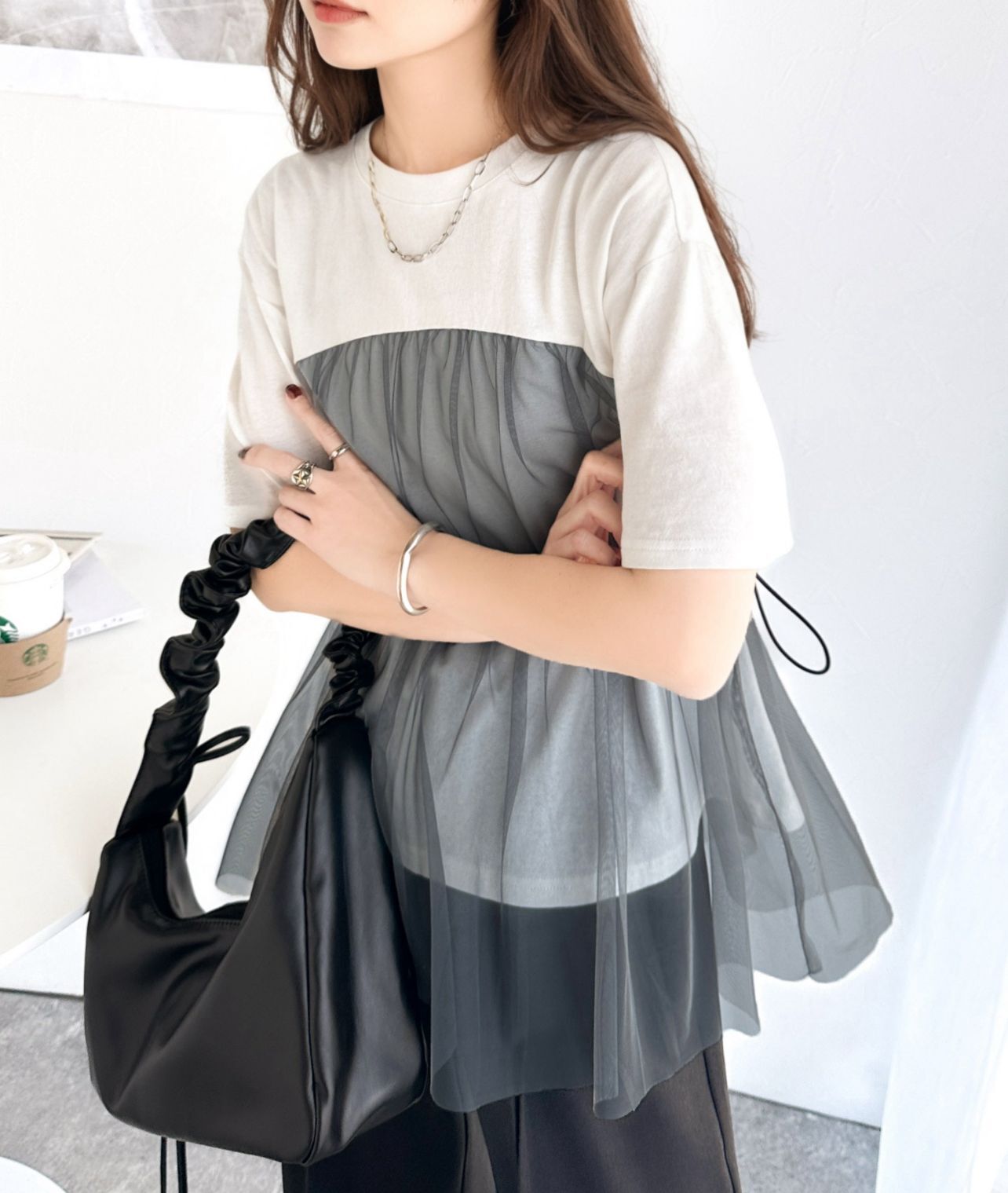 【預購】JN080210 classicalelf 薄紗對接抽繩上衣