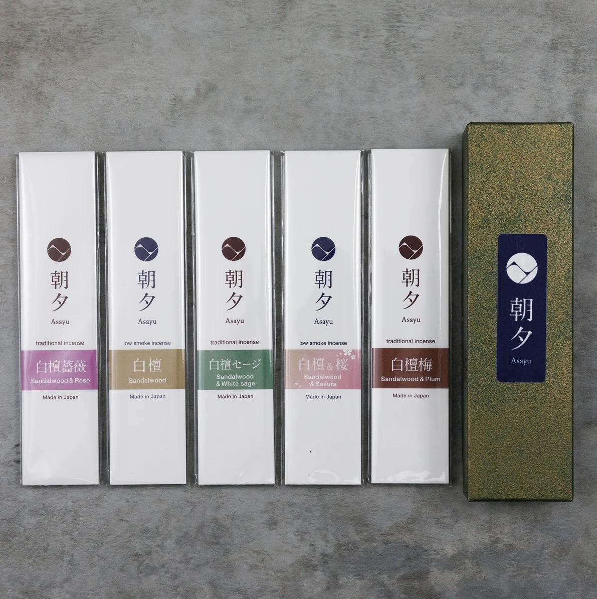 Asayu朝夕白檀線香組合 (頂級白檀、白檀薔薇、白檀鼠尾草、白檀櫻花、白檀梅花)