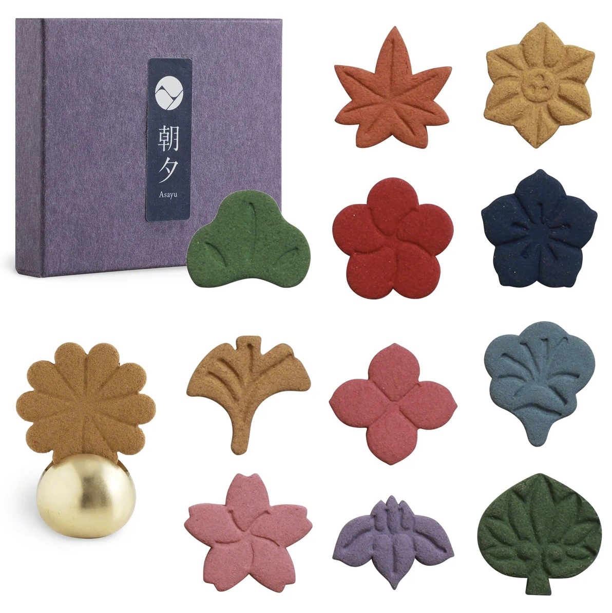 Asayu朝夕12種天然花形壓製線香套裝 (附香座)