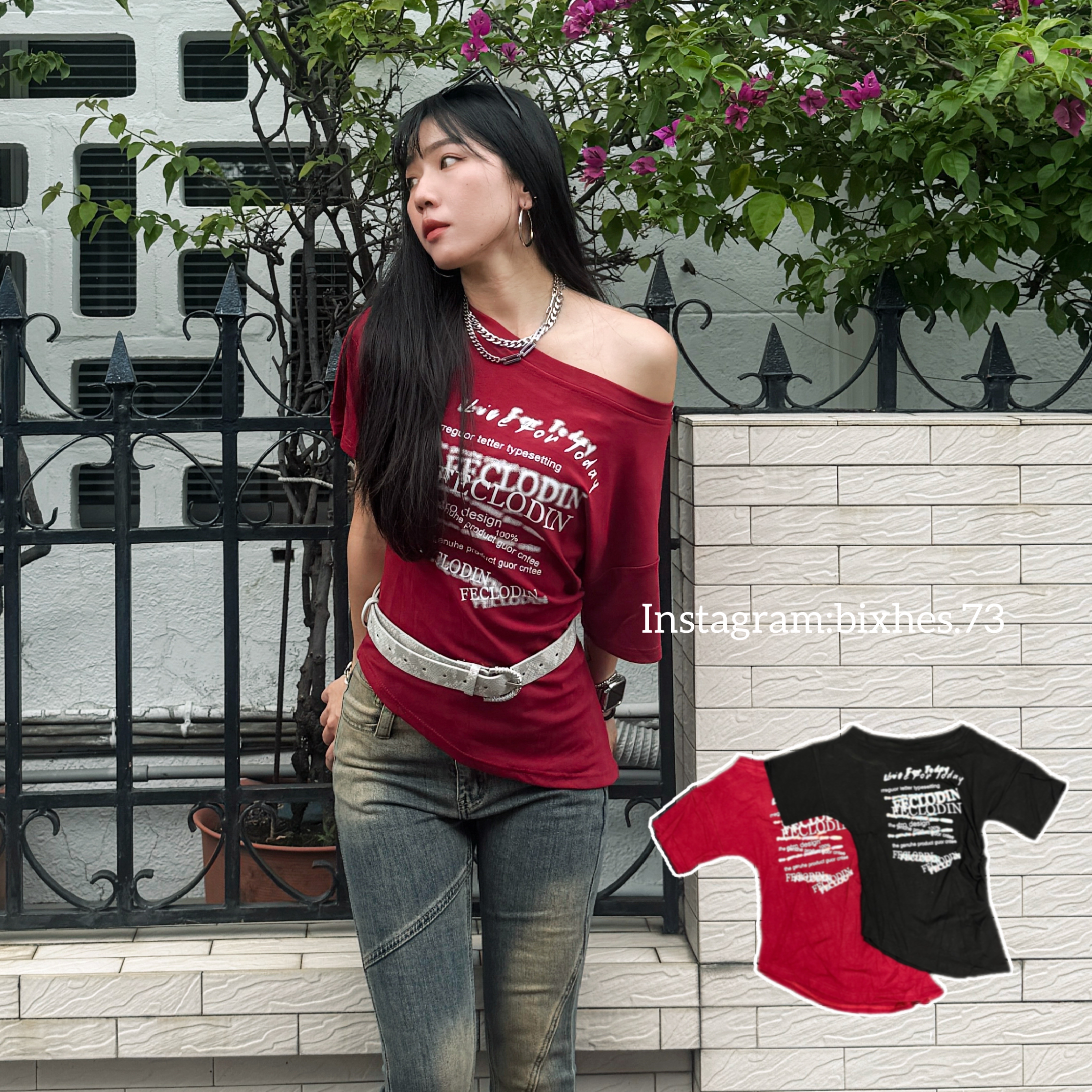 美式滿版斜肩收腰短T(A00041)