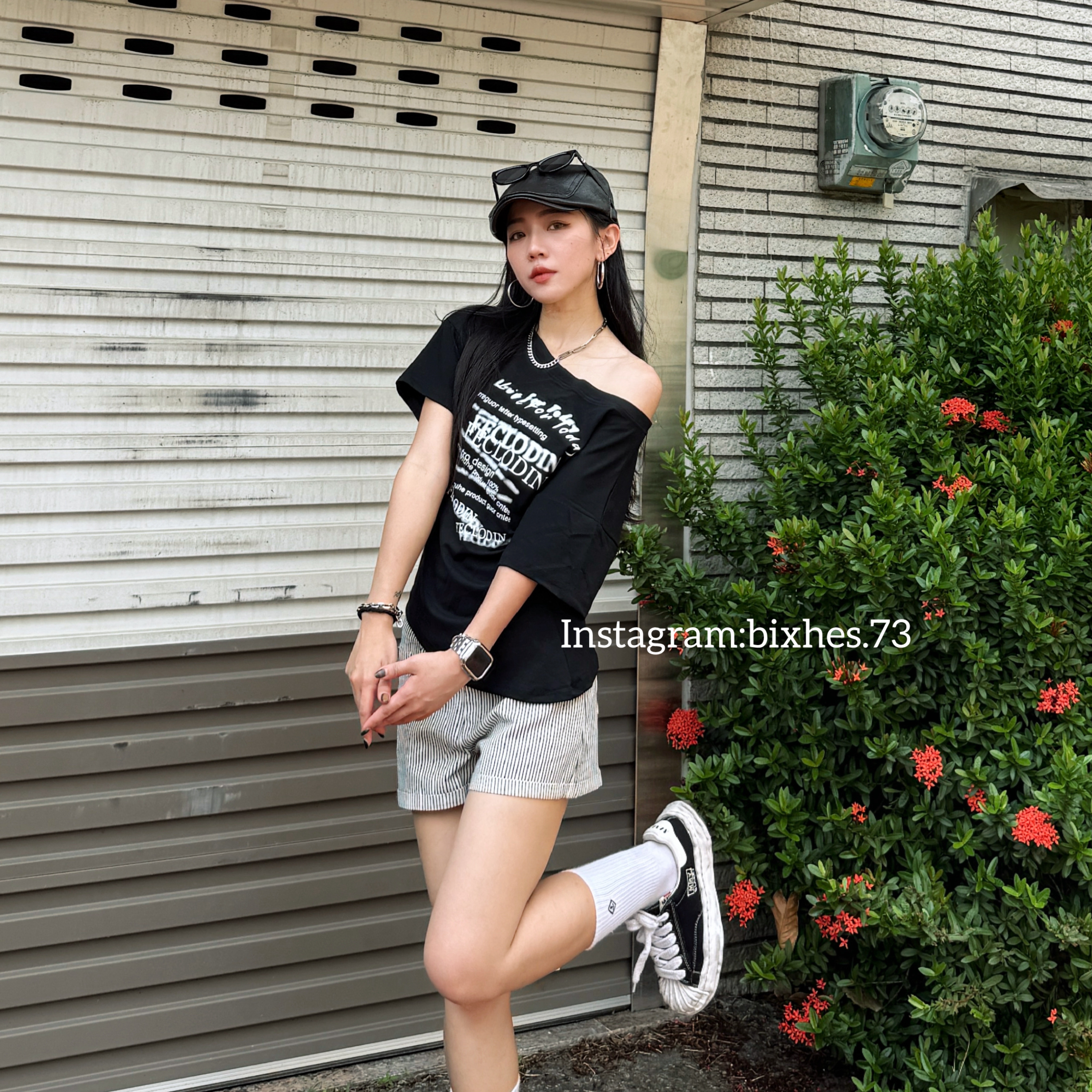 美式滿版斜肩收腰短T(A00041)