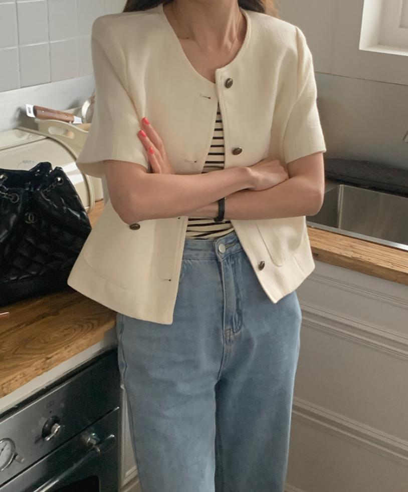 小香薄編織短袖外套(米色)