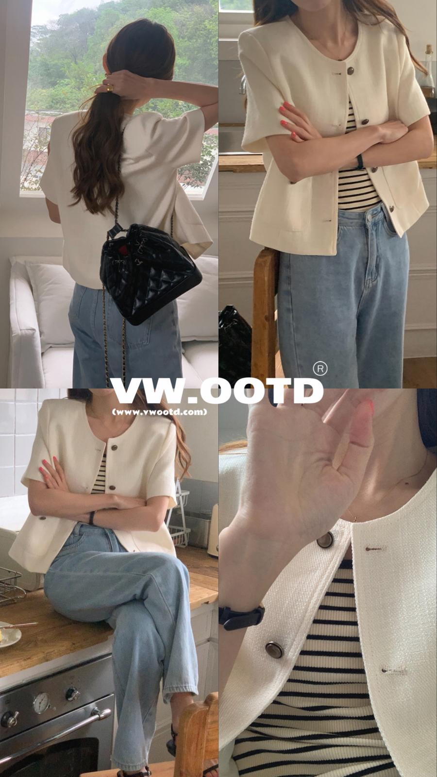 小香薄編織短袖外套(米色)