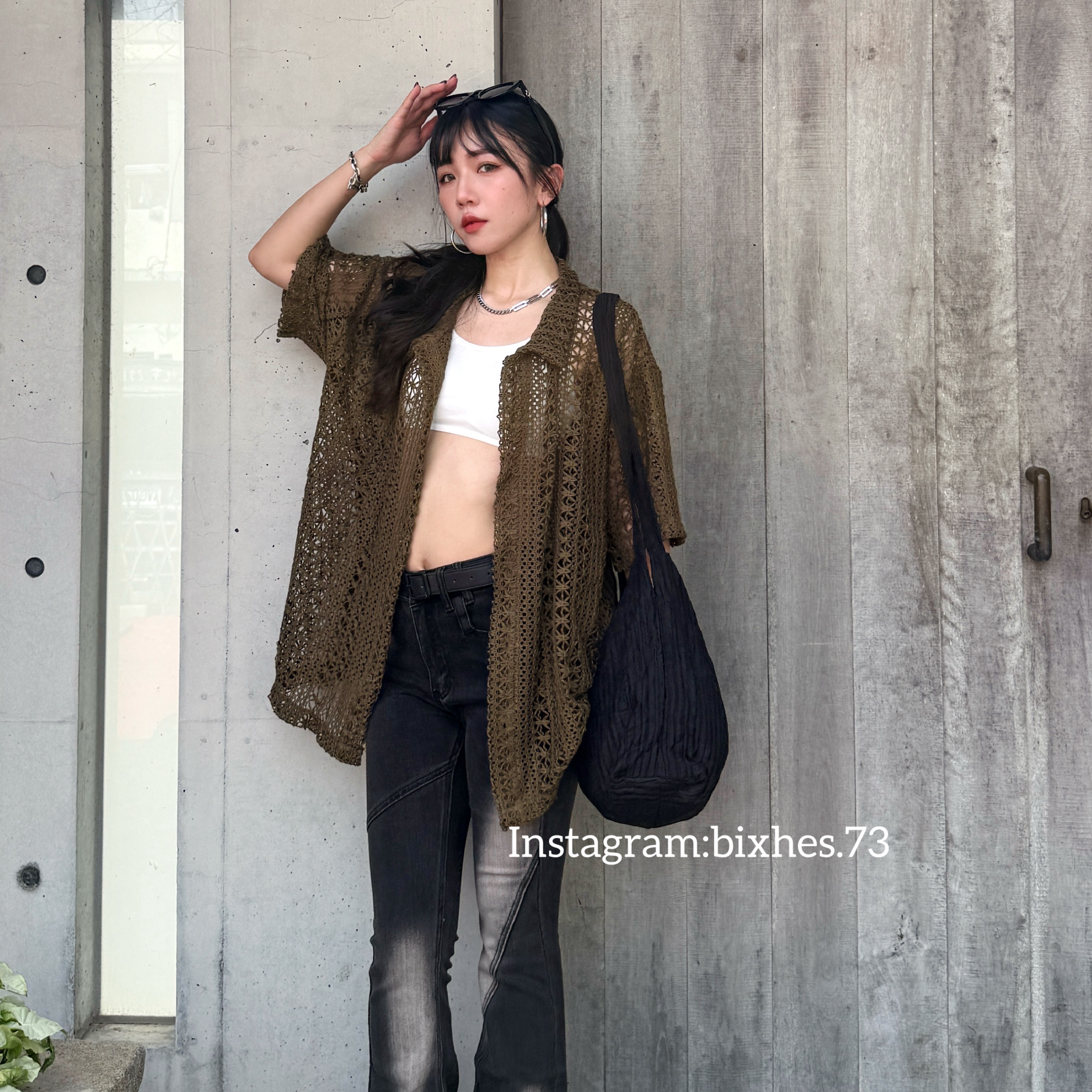 鏤空綠色短袖襯衫(G00016)