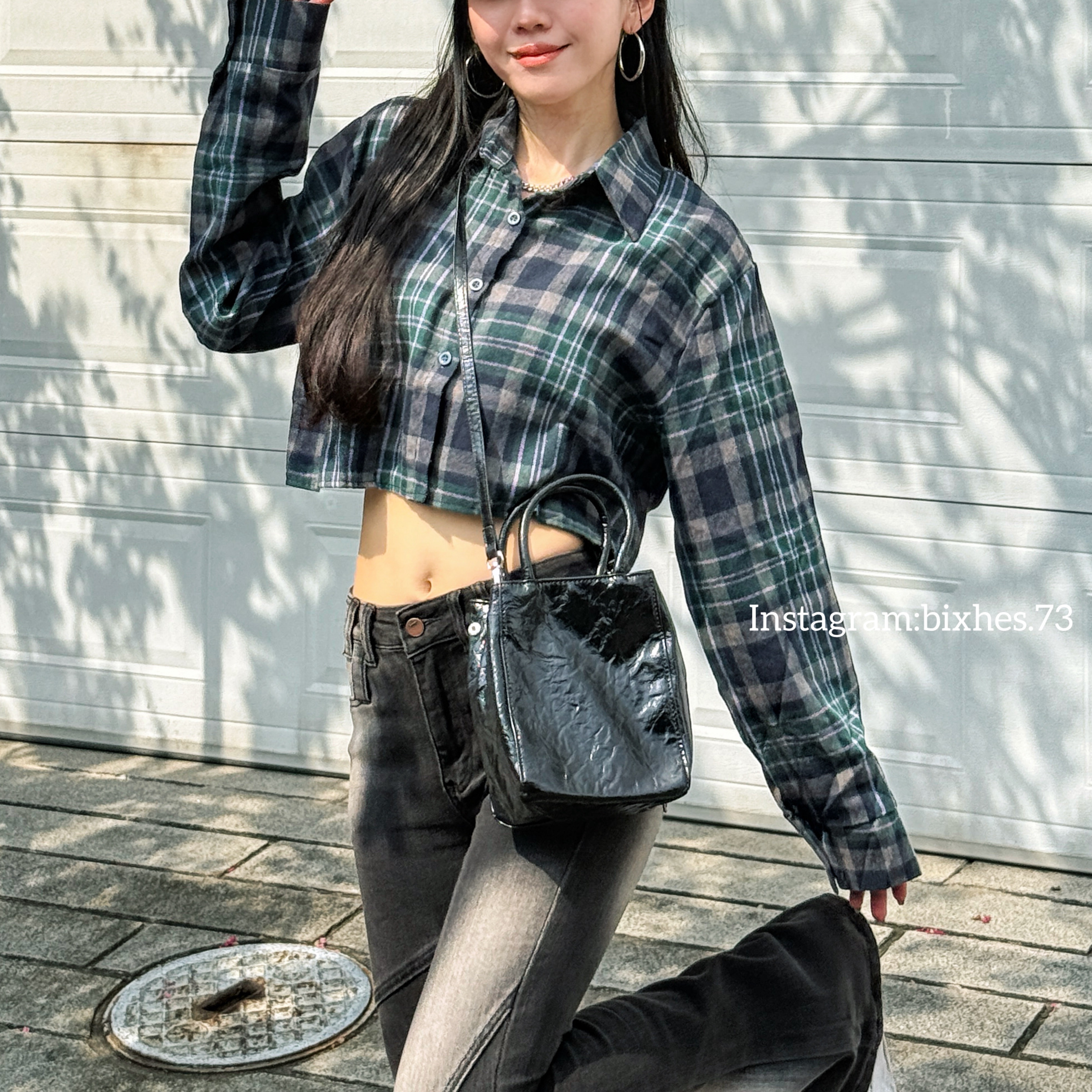 撞色格紋短版長袖襯衫(G00018)