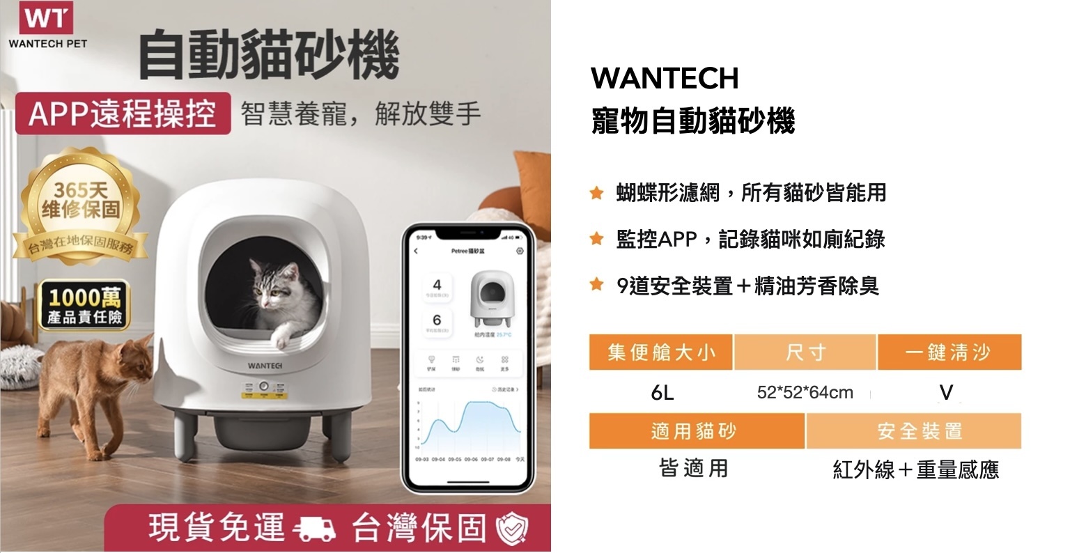 WANTECH 自動貓砂機，顯示一台現代化自動貓砂機放置於居家木質地板上，機器內有一隻貓咪，機器外還有多隻貓在活動。下方以圖示說明產品特色，包括重量感應、多種貓砂適用、56L大空間、智慧APP遠端操作、蝴蝶型濾網、易拆洗、精油除臭以及如廁數據監控，呈現寵物與智能生活的結合。