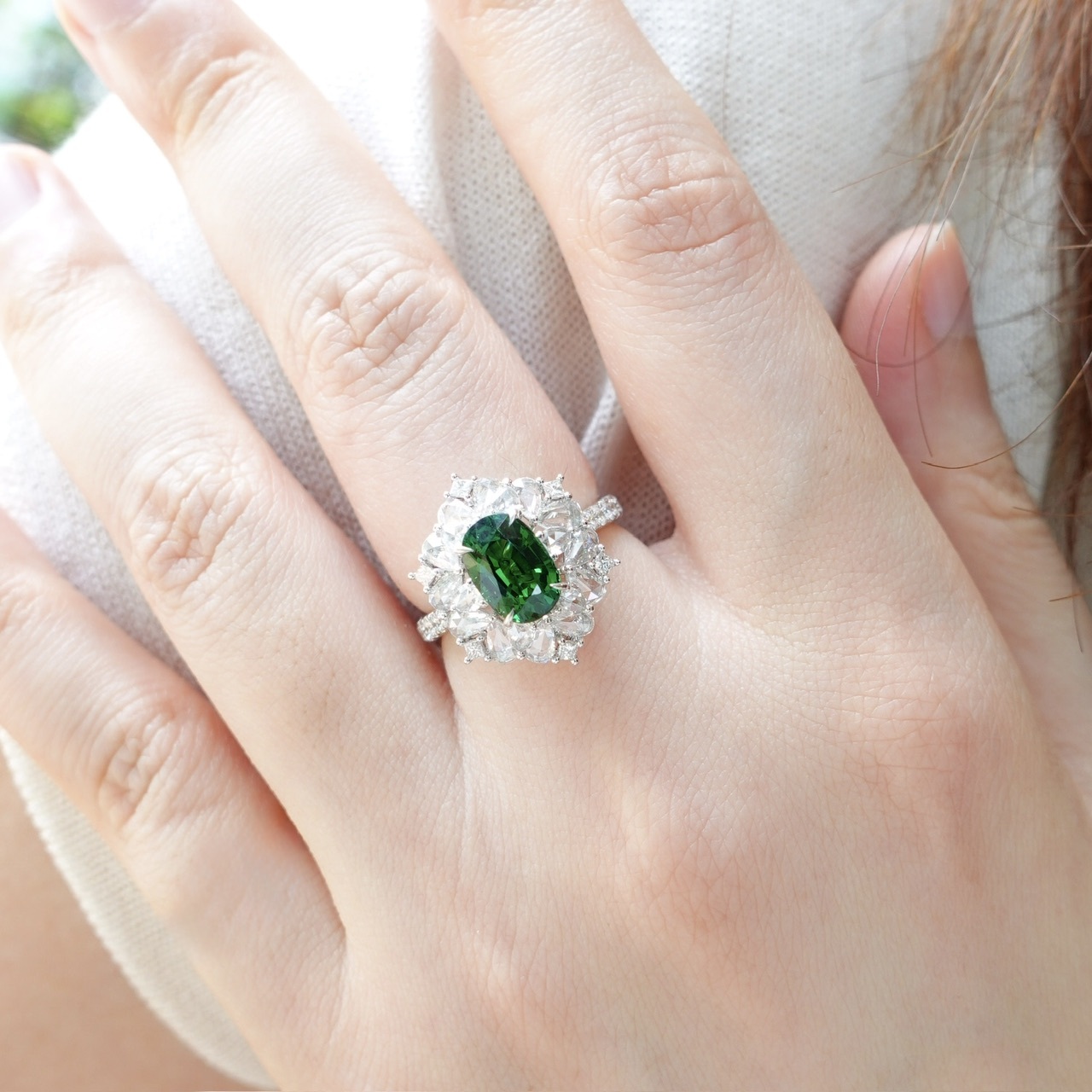 18K金沙弗萊石鑽石戒指/吊墜-兩用款 (帶GUILD證書) - Kijani Green