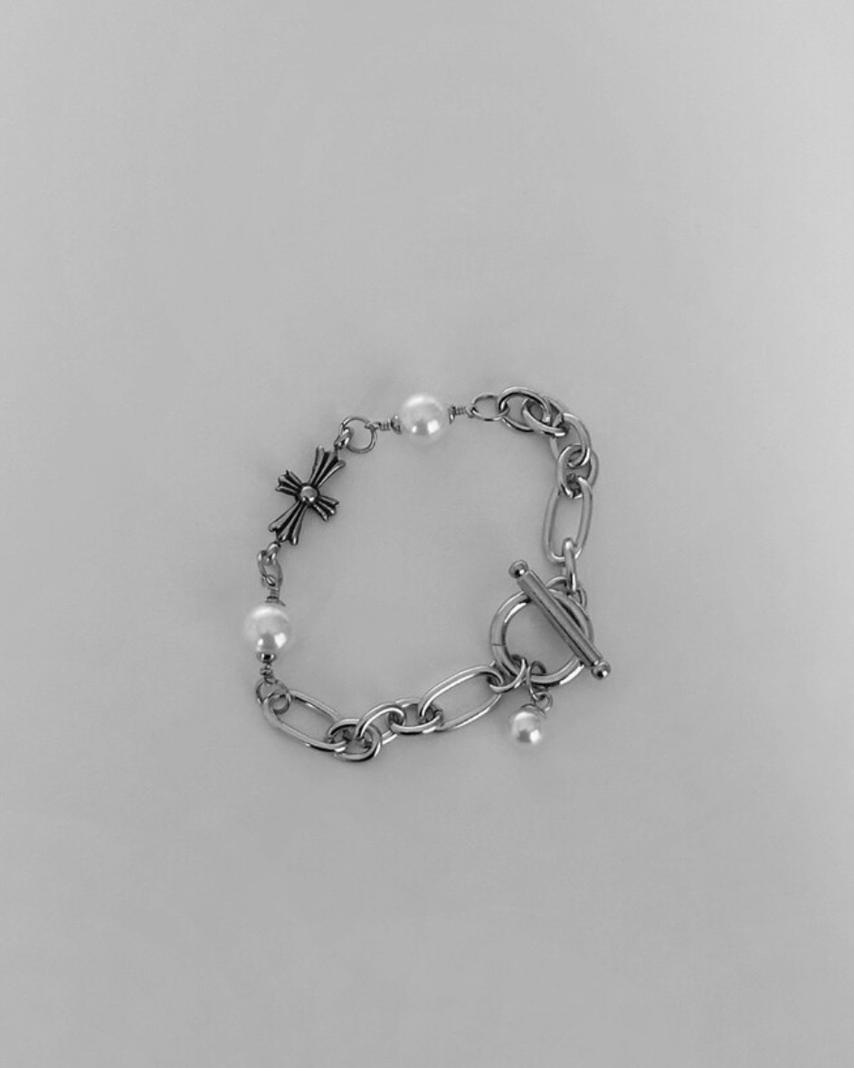 韓國 OFUSE pearl drop bracelet 鋼 克羅心 珍珠 古巴鍊 手鍊