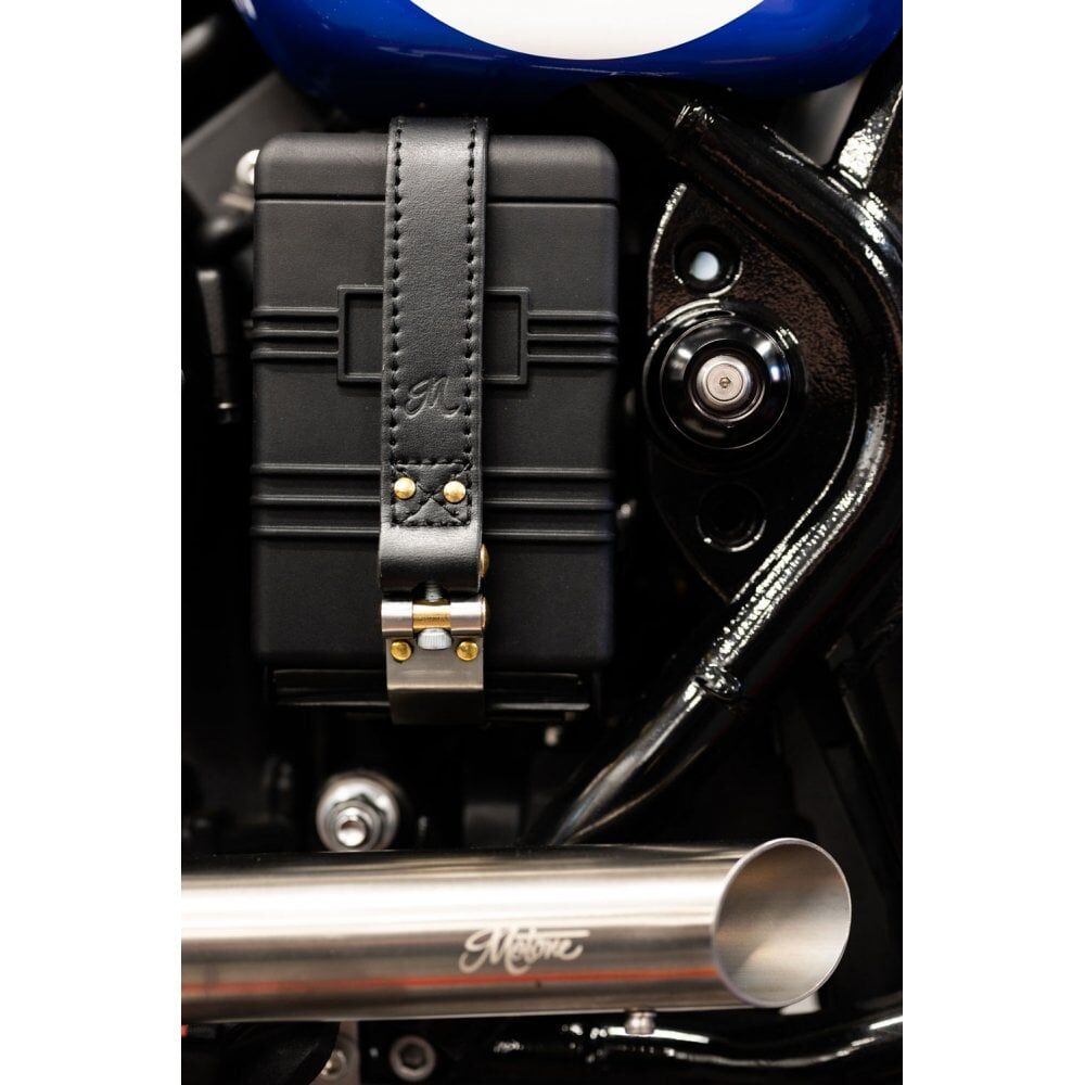 Motone LC The Beltane - Bobber/Speedmaster Battery Strap - Black Leather & Brass
