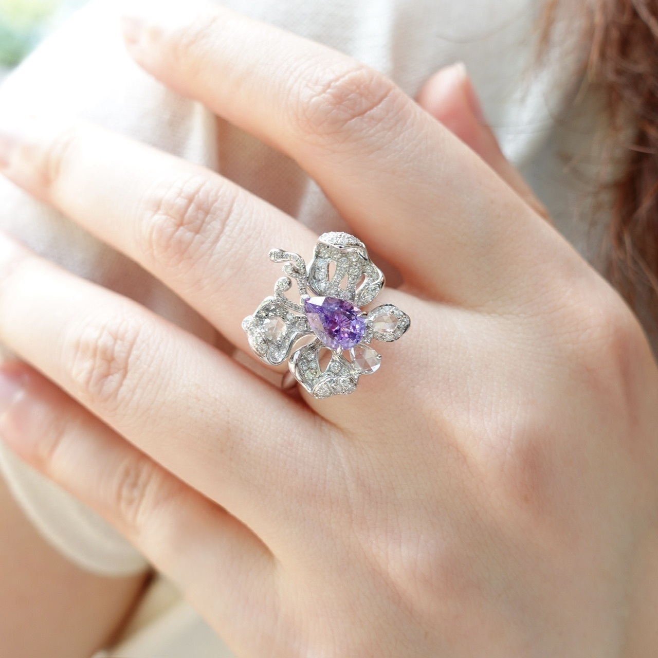 1.52ct天然無燒紫藍寶石18K金鑽石戒指-薰衣草紫(帶寶石證書)